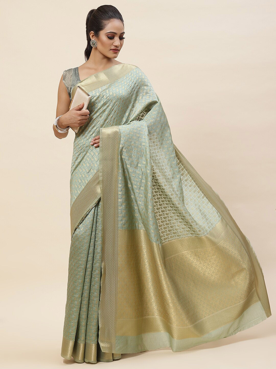 

Meena Bazaar Ethnic Motifs Woven Design Zari Saree, Green