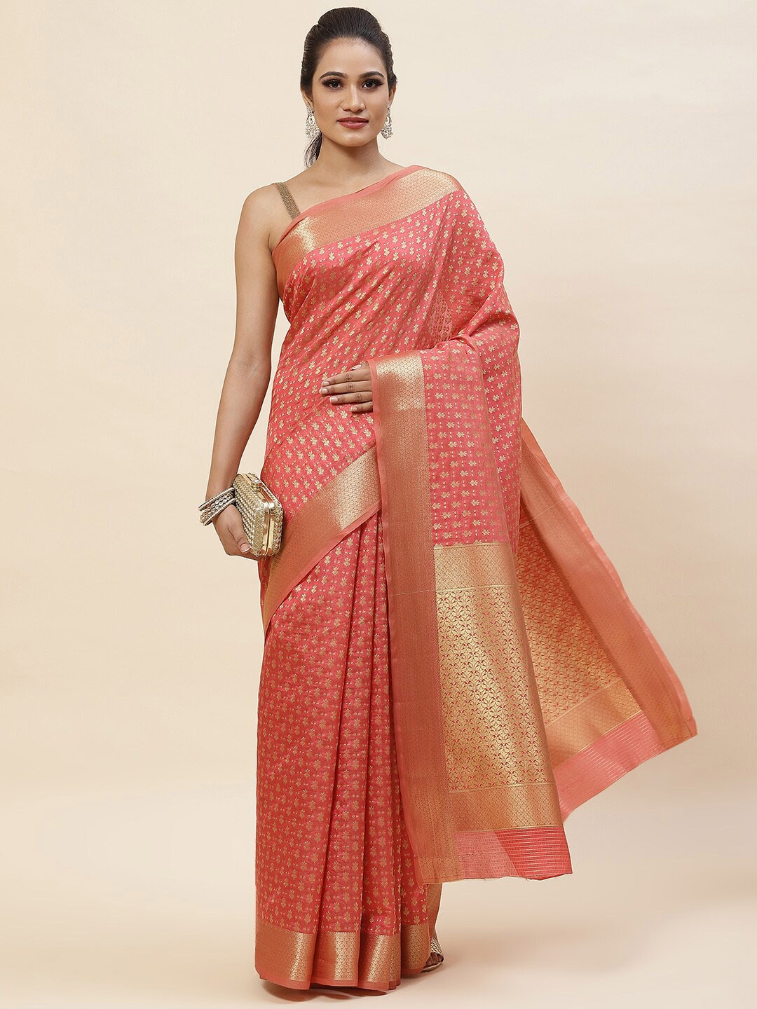 

Meena Bazaar Floral Woven Design Zari Art Silk Saree, Peach
