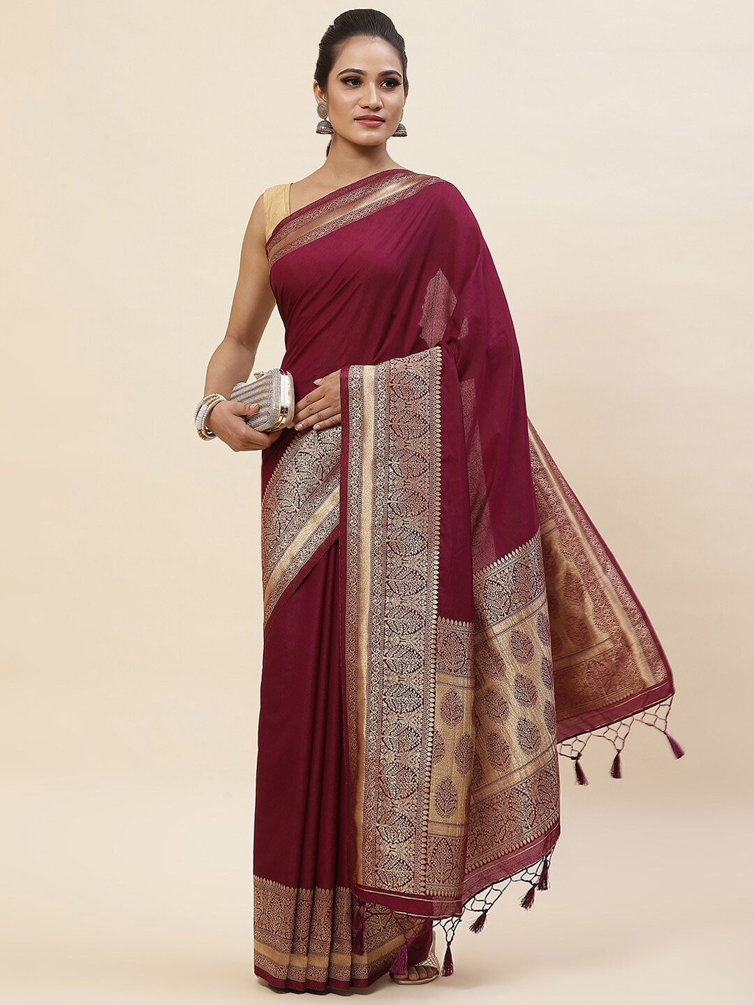 

Meena Bazaar Woven Design Zari Art Silk Saree, Burgundy
