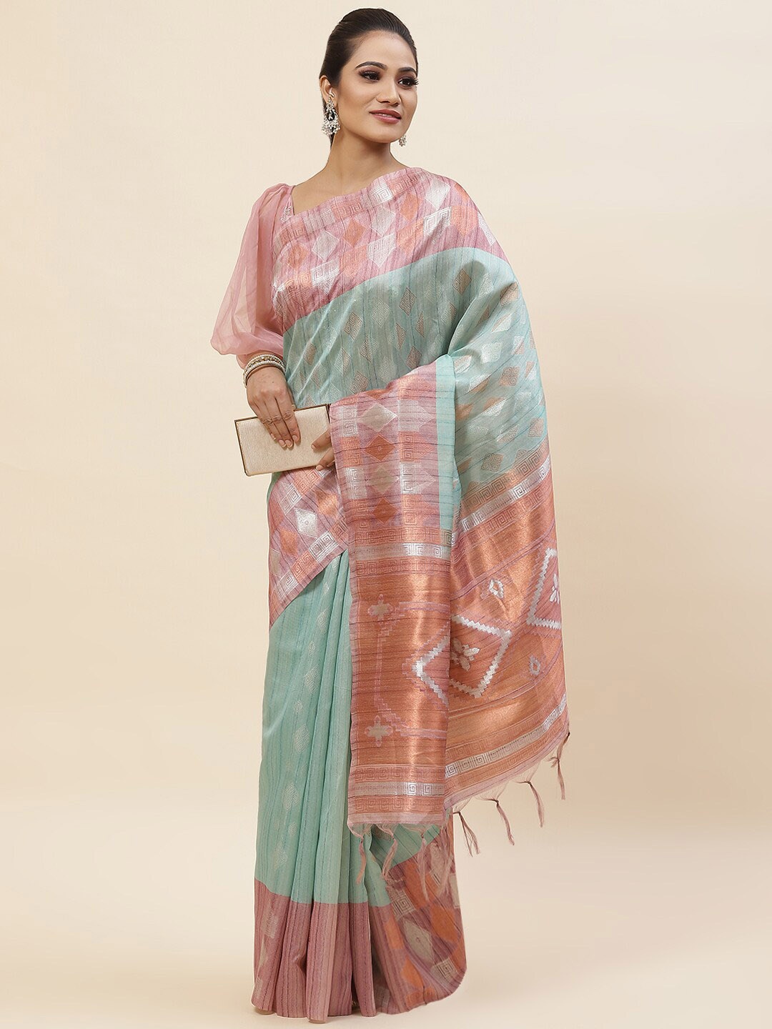 

Meena Bazaar Geometric Woven Design Zari Art Silk Tussar Saree, Sea green