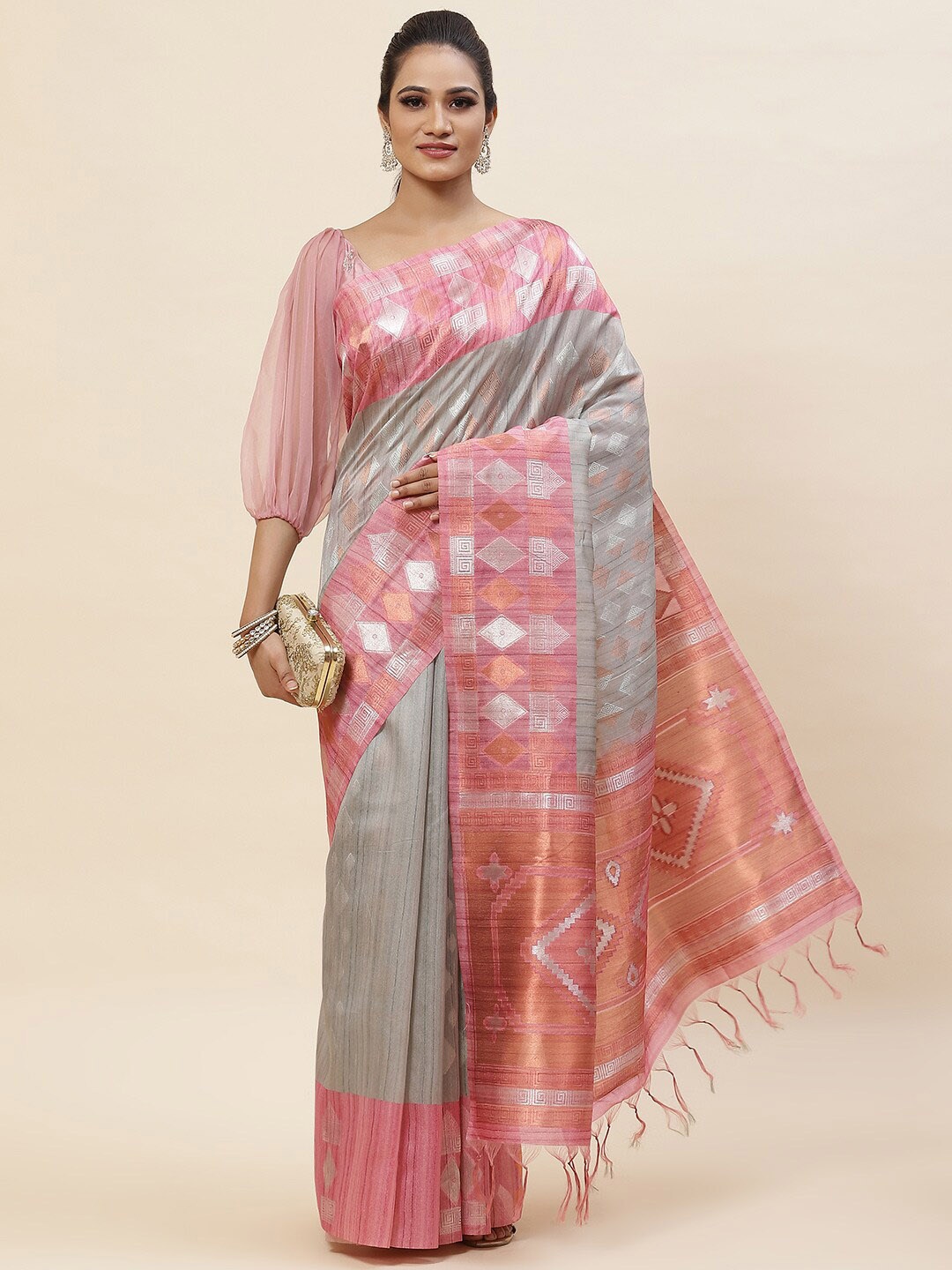 

Meena Bazaar Geometric Woven Design Zari Art Silk Tussar Saree, Grey