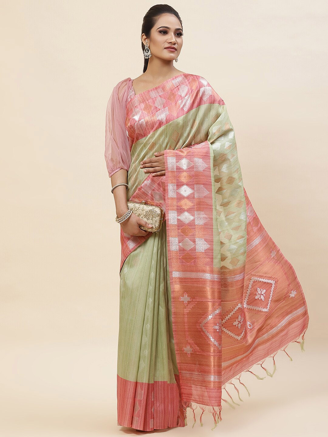 

Meena Bazaar Woven Design Zari Art Silk Tussar Saree, Green