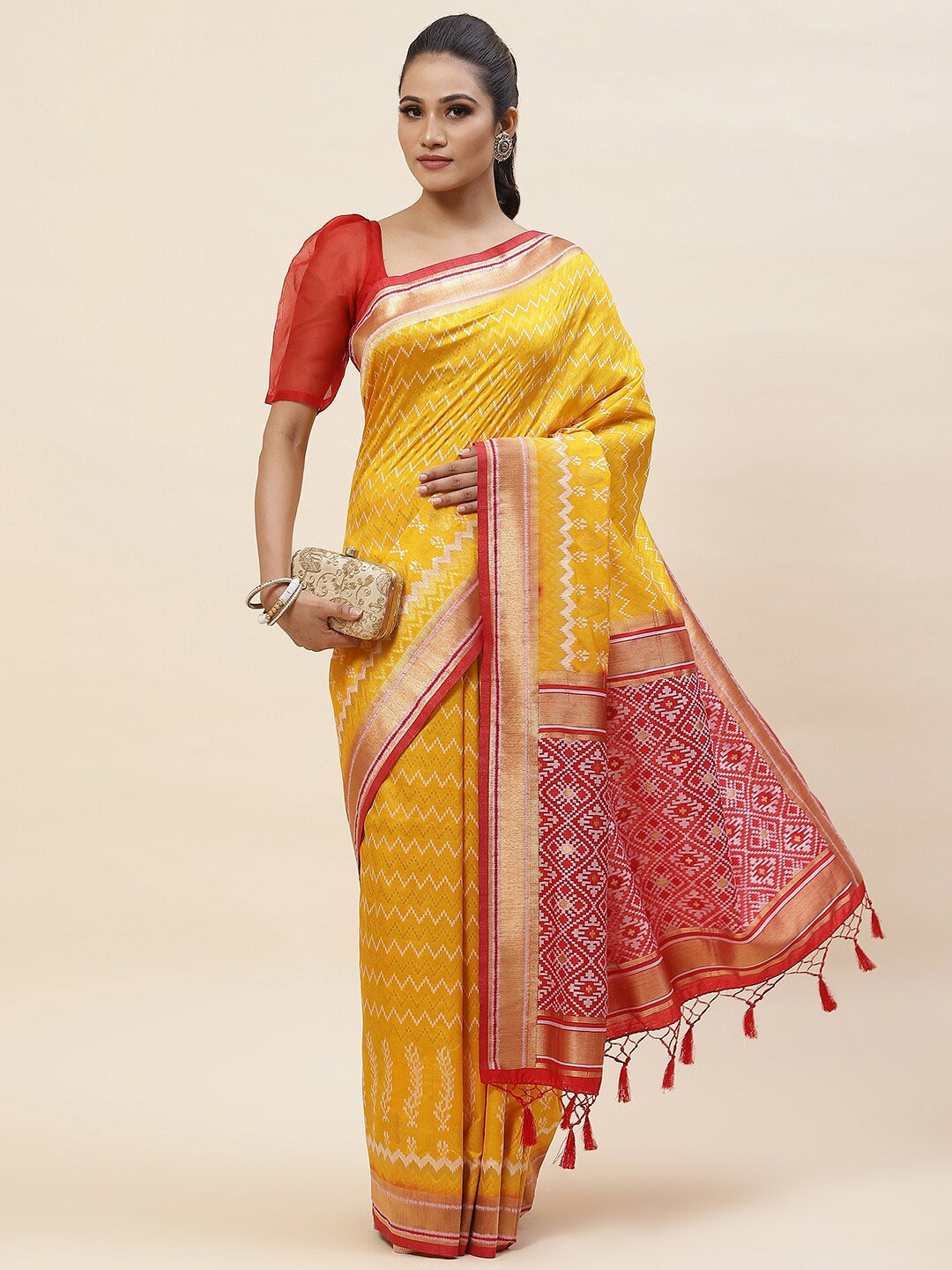 

Meena Bazaar Geometric Woven Design Zari Art Silk Saree, Mustard