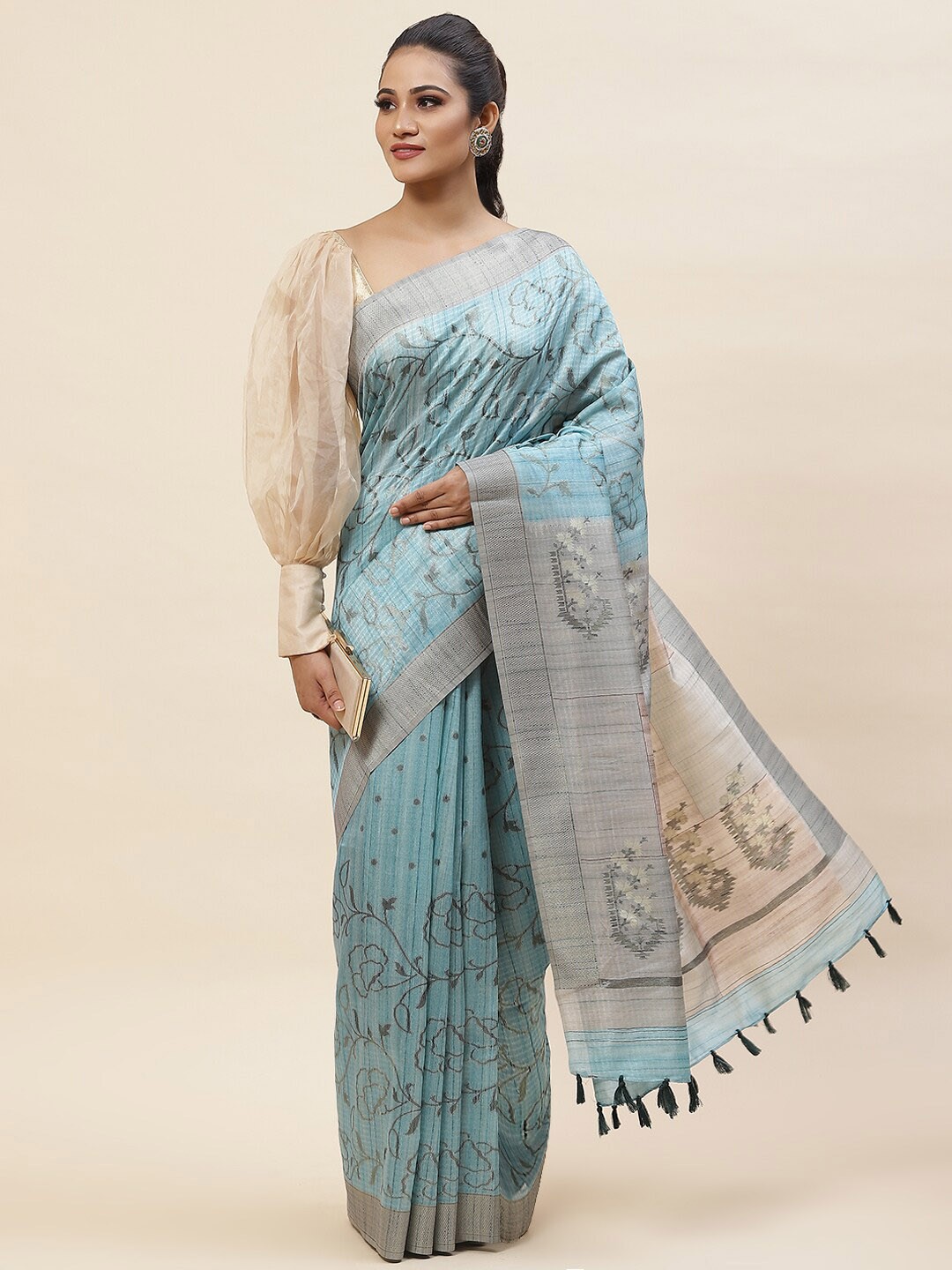 

Meena Bazaar Floral Woven Design Zari Art Silk Tussar Saree, Sea green