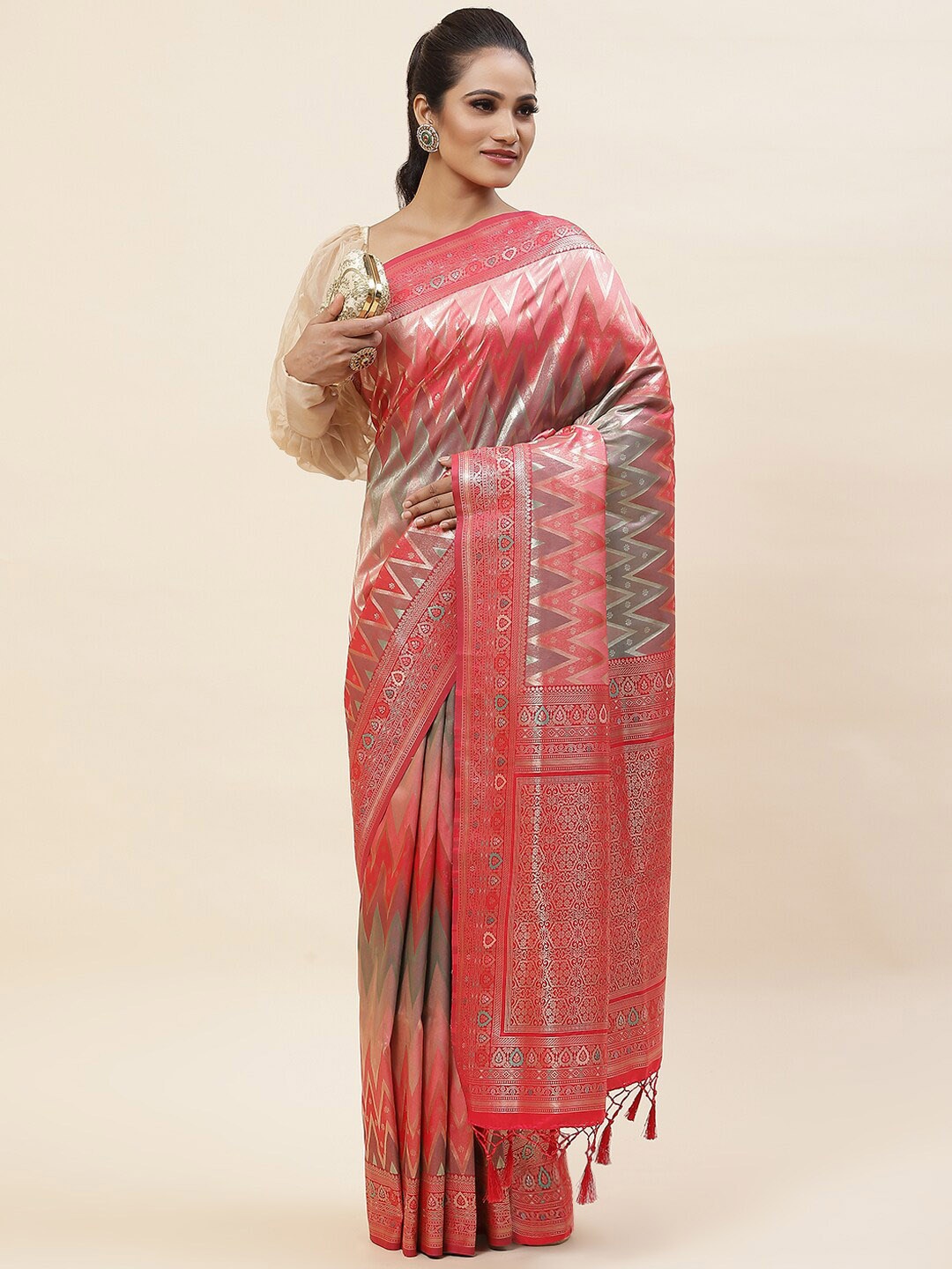 

Meena Bazaar Geometric Woven Design Zari Saree, Pink