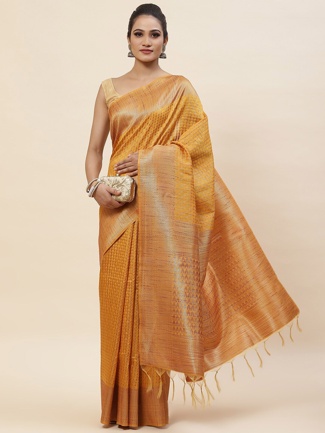 

Meena Bazaar Geometric Woven Design Zari Art Silk Tussar Saree, Mustard