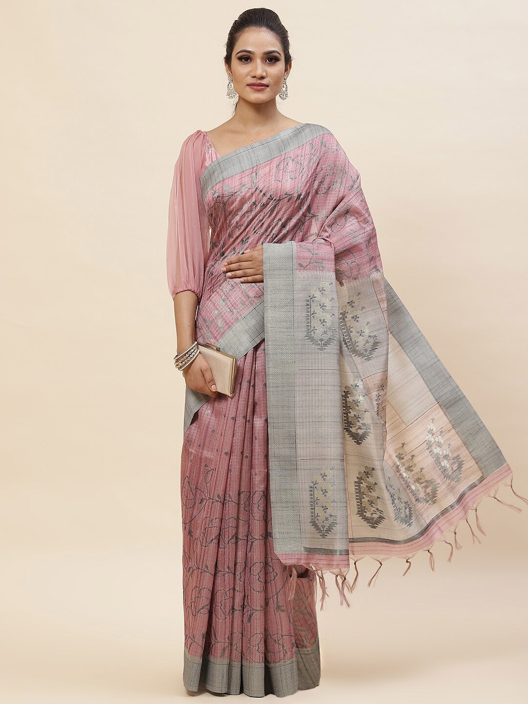 

Meena Bazaar Woven Design Zari Art Silk Tussar Saree, Purple