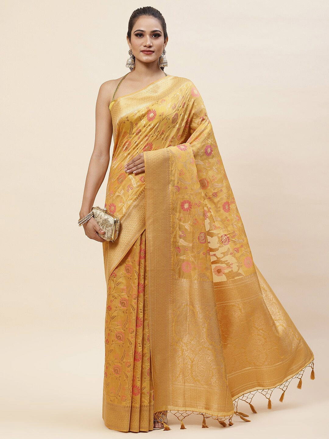 

Meena Bazaar Floral Woven Design Zari Saree, Mustard