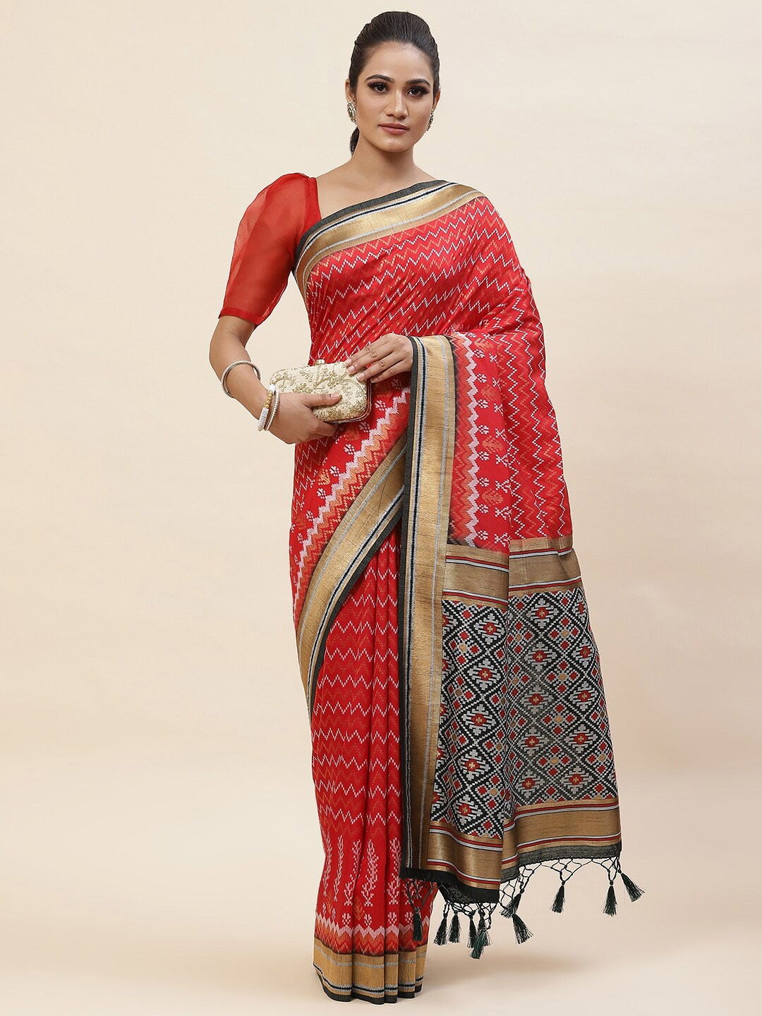 

Meena Bazaar Geometric Woven Design Zari Art Silk Saree, Red