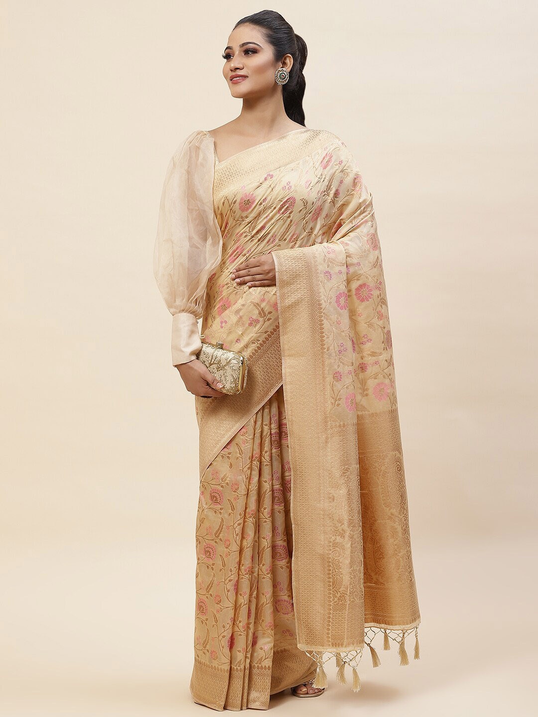 

Meena Bazaar Ethnic Motifs Woven Design Zari Saree, Beige