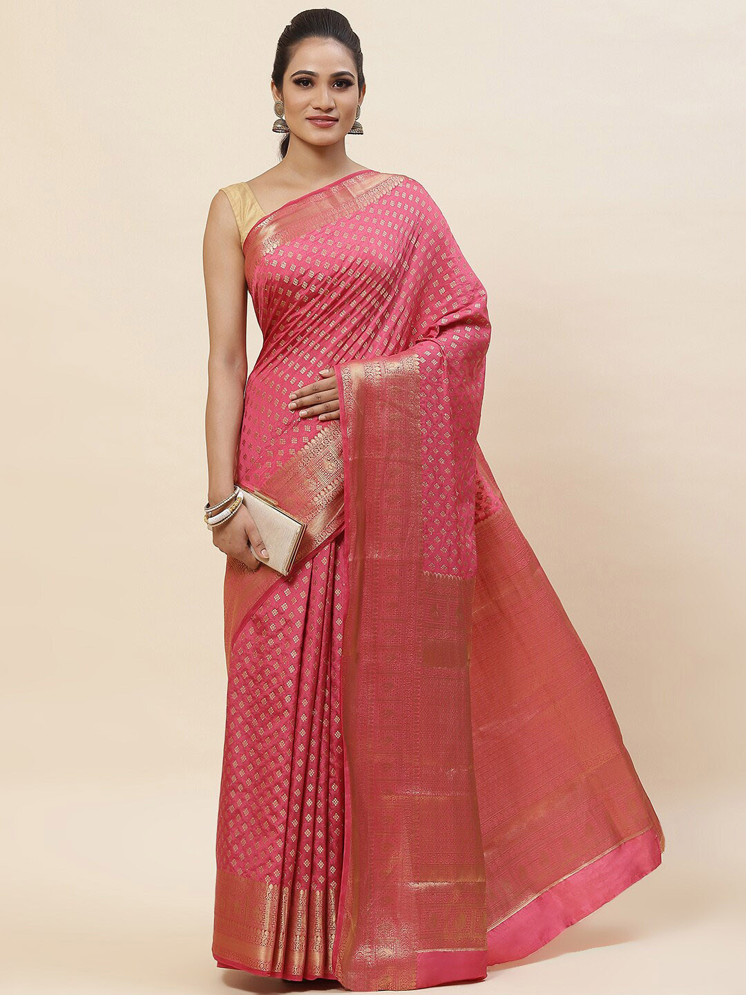 

Meena Bazaar Ethnic Motifs Woven Design Zari Art Silk Saree, Pink
