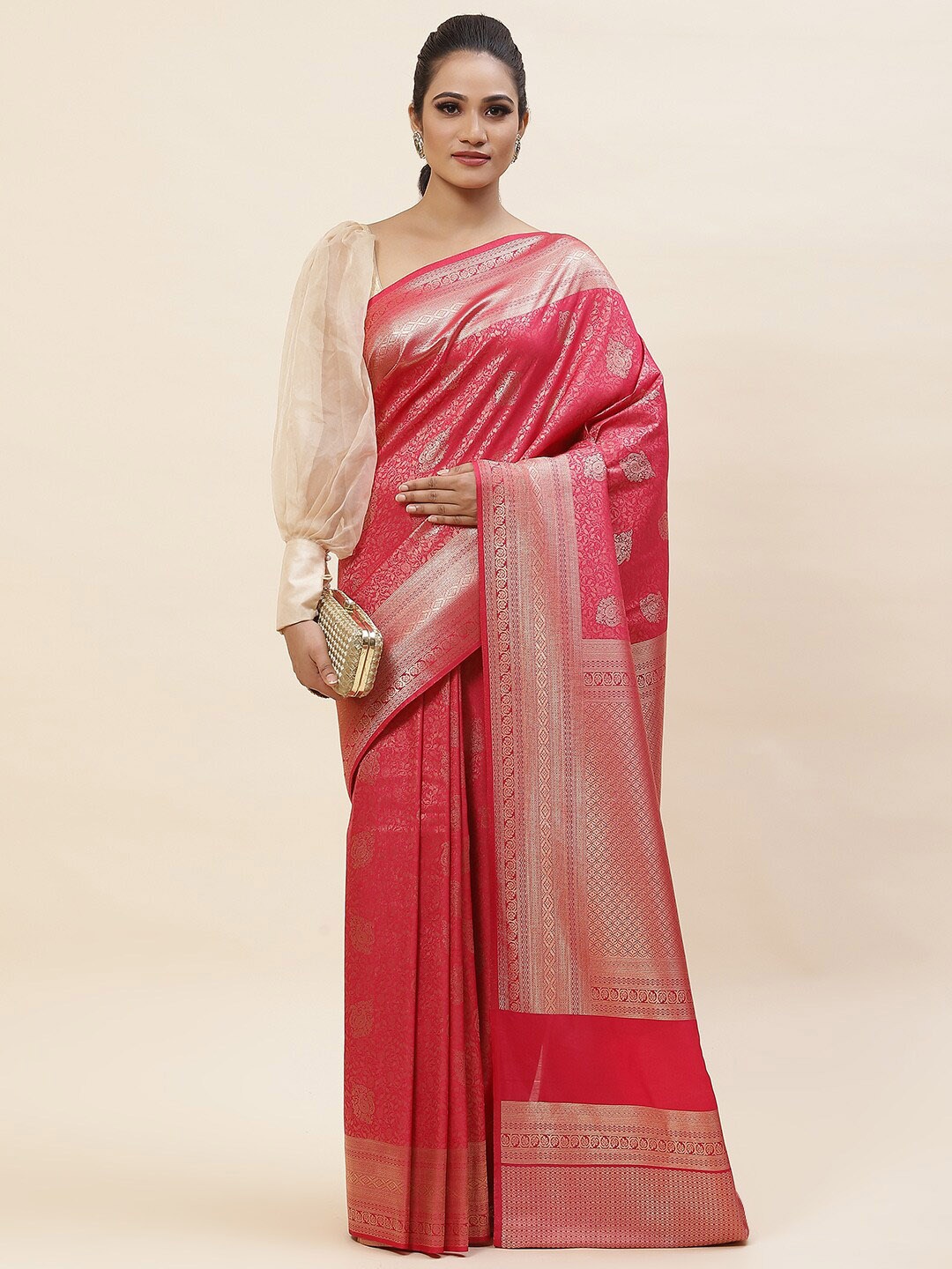 

Meena Bazaar Ethnic Motifs Woven Design Zari Art Silk Saree, Pink
