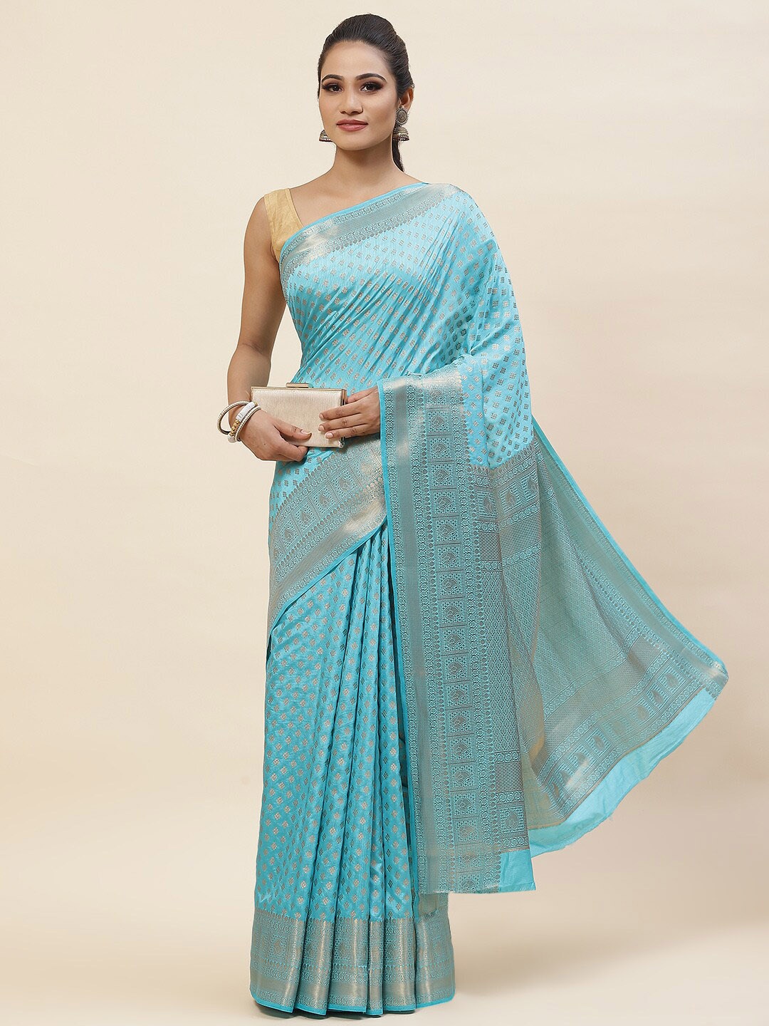 

Meena Bazaar Geometric Woven Design Zari Art Silk Saree, Blue