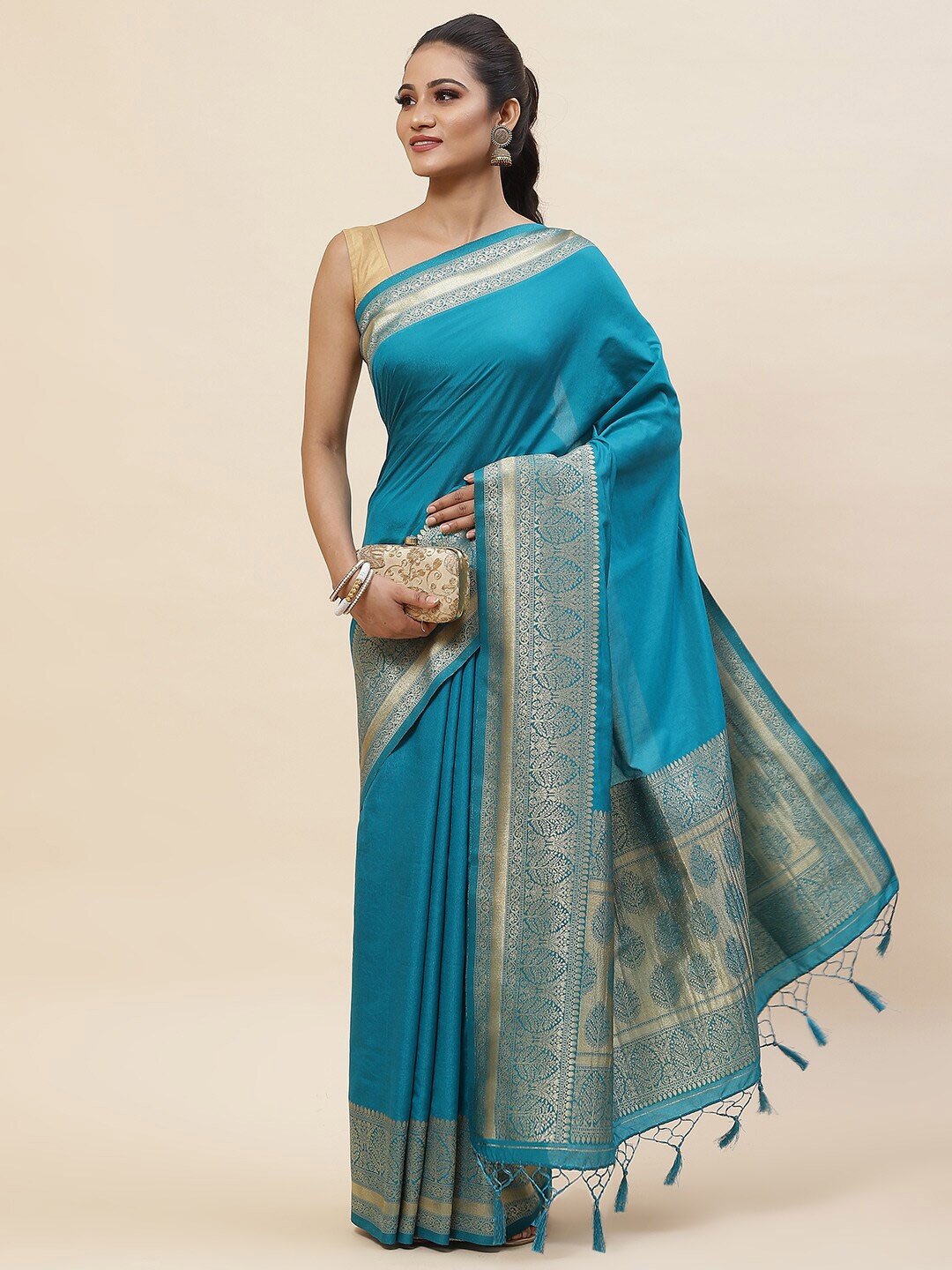 

Meena Bazaar Woven Design Border Zari Art Silk Saree, Blue