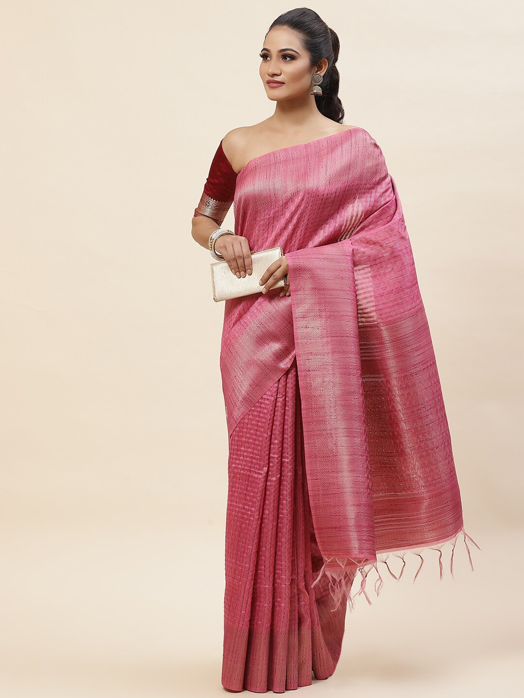 

Meena Bazaar Geometric Woven Design Zari Art Silk Tussar Saree, Pink