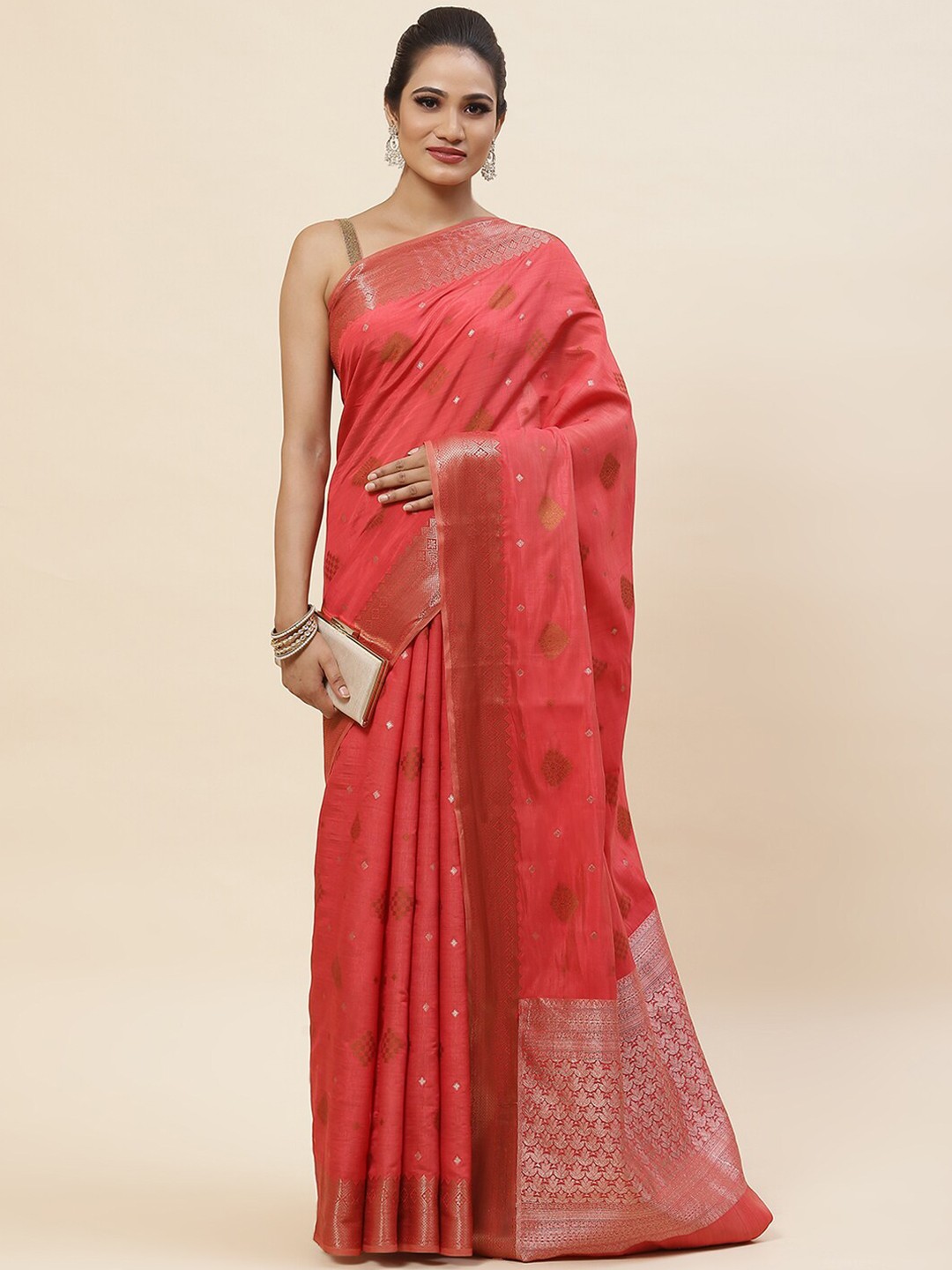 

Meena Bazaar Ethnic Woven Design Zari Saree, Peach
