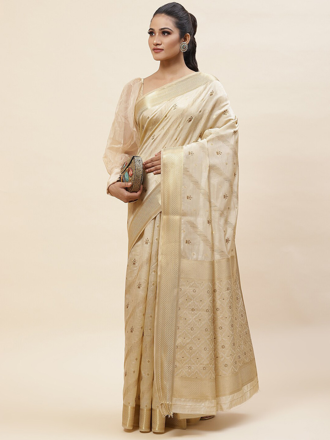

Meena Bazaar Ethnic Woven Design Zari Saree, Beige