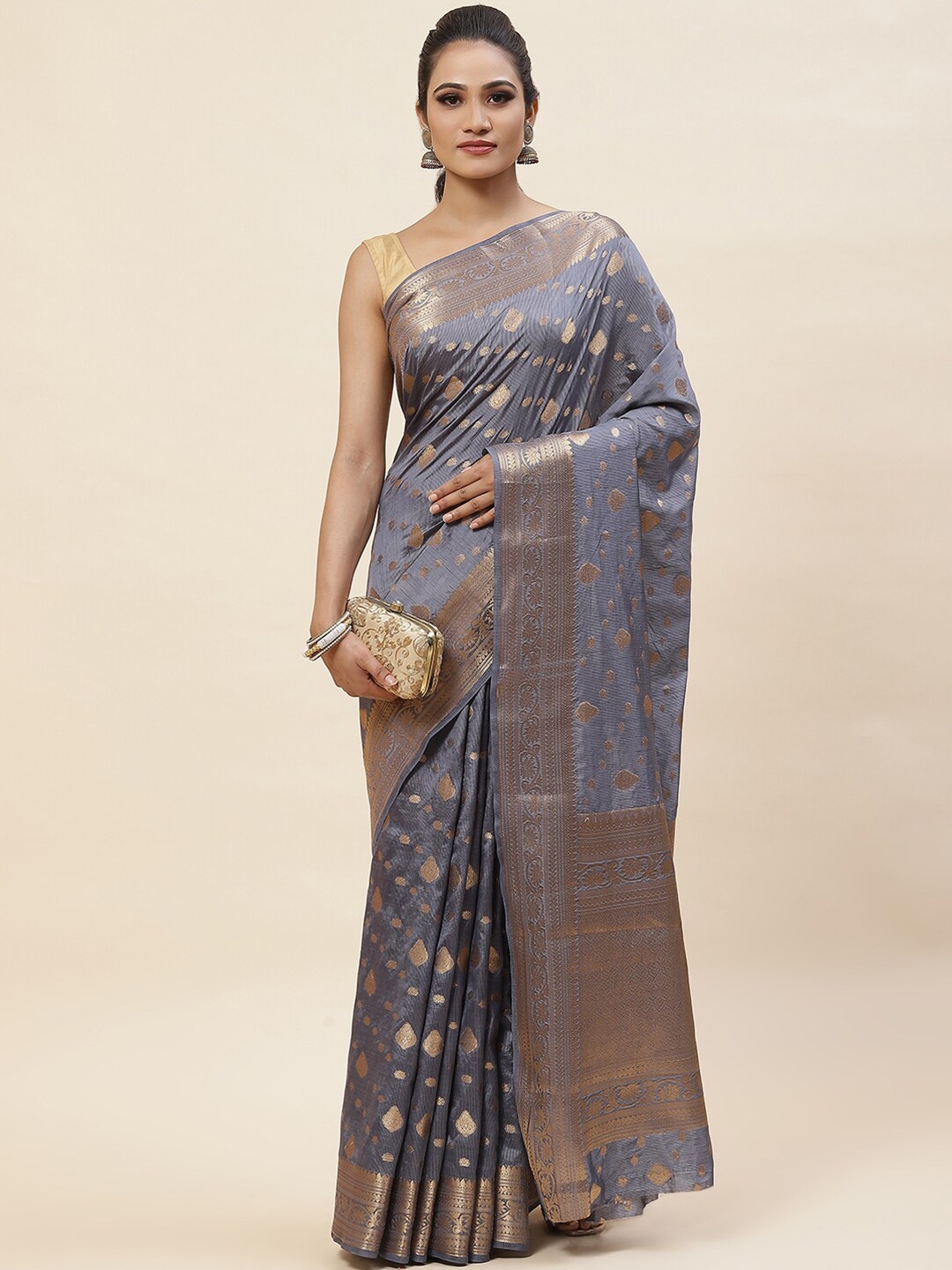 

Meena Bazaar Ethnic Motifs Woven Design Zari Art Silk Saree, Grey