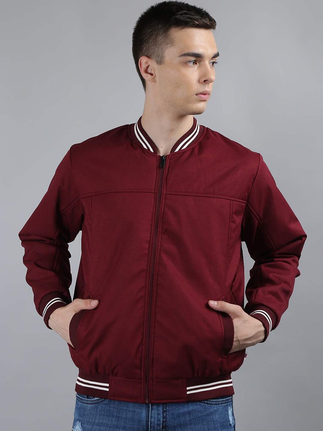 

TIM PARIS Stand Collar Bomber Jacket, Maroon