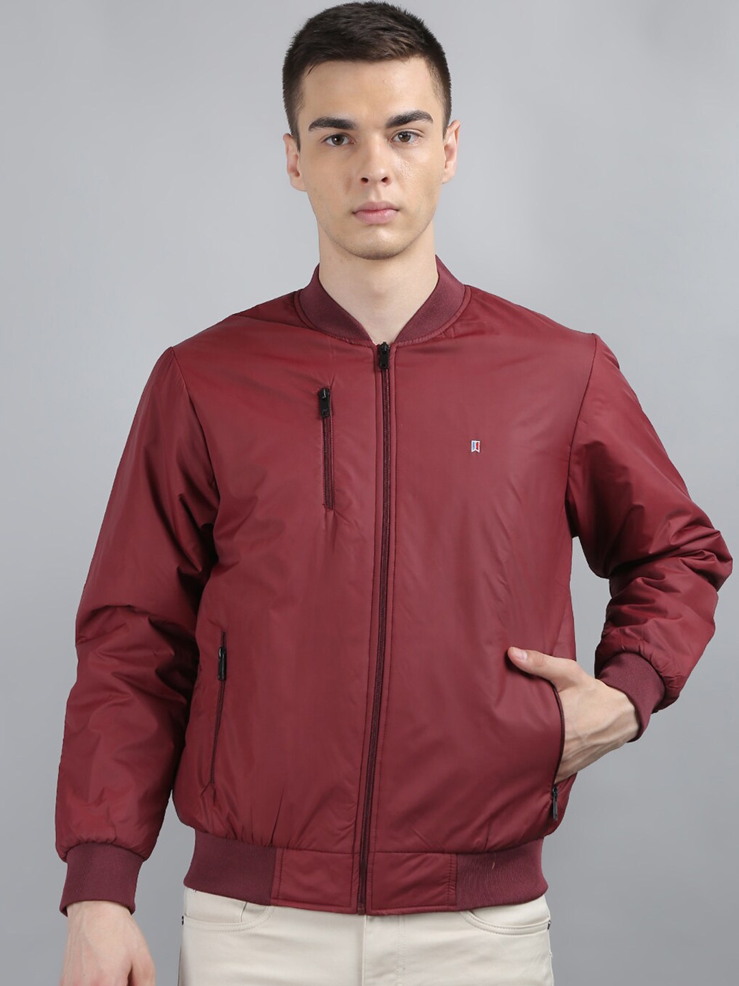 

TIM PARIS Stand Collar Bomber Jacket, Maroon