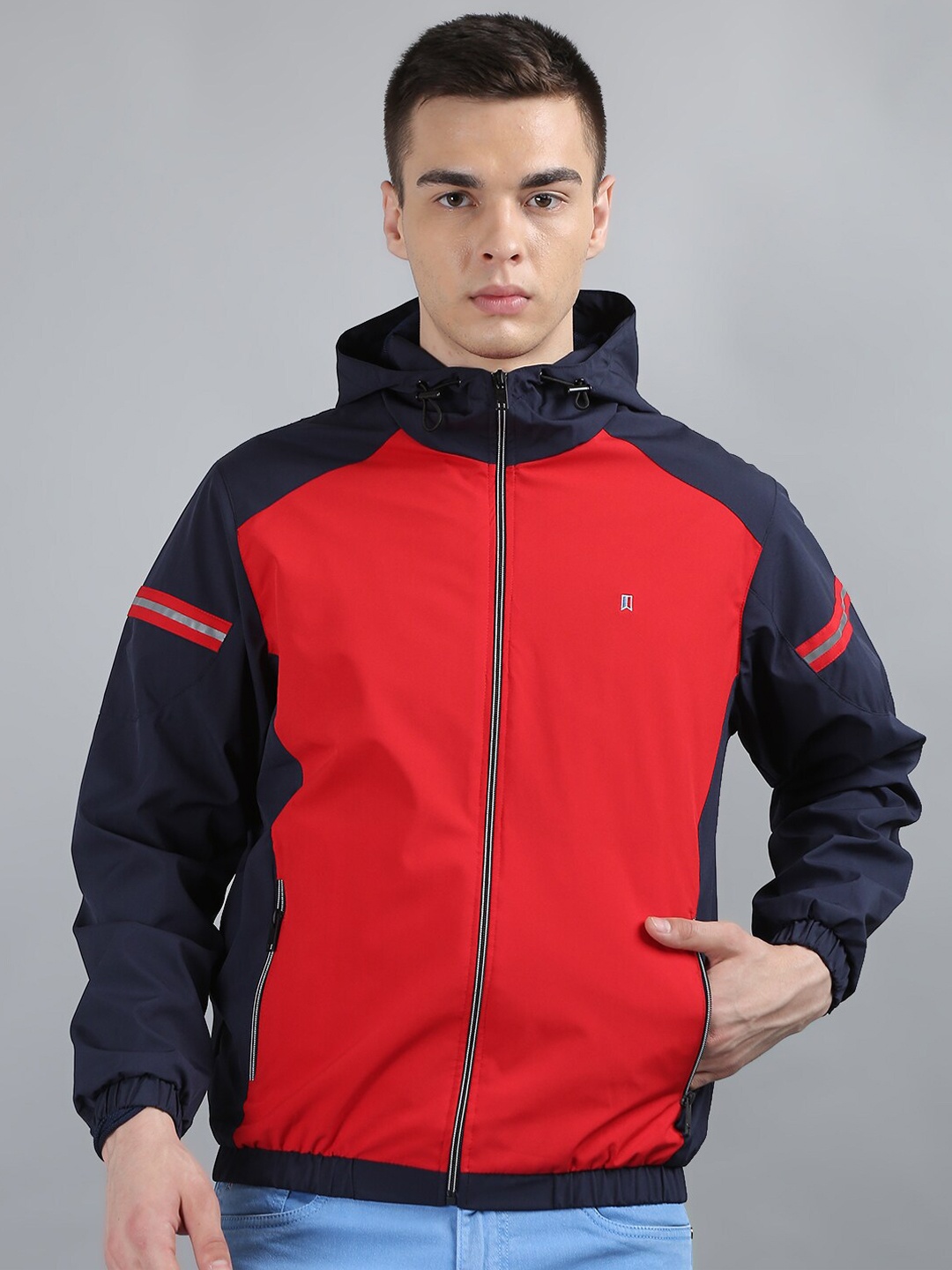 

TIM PARIS Colourblocked Windcheater Regular Casual Bomber Jacket With Zip Detail, Navy blue