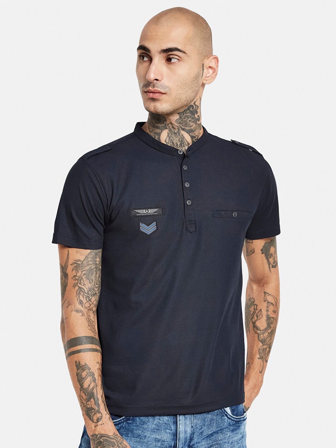 

Octave Mandarin Collar Cotton T-shirt, Navy blue