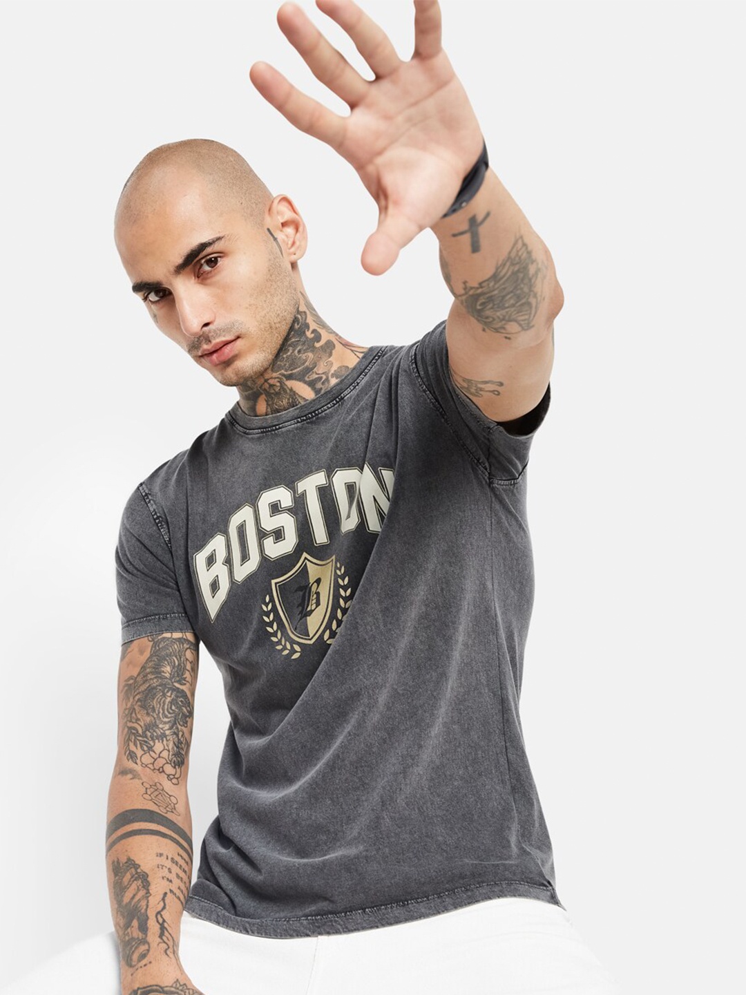 Octave Boston Celtics Printed High Neck Cotton Regular Fit Casual T-shirt, Grey