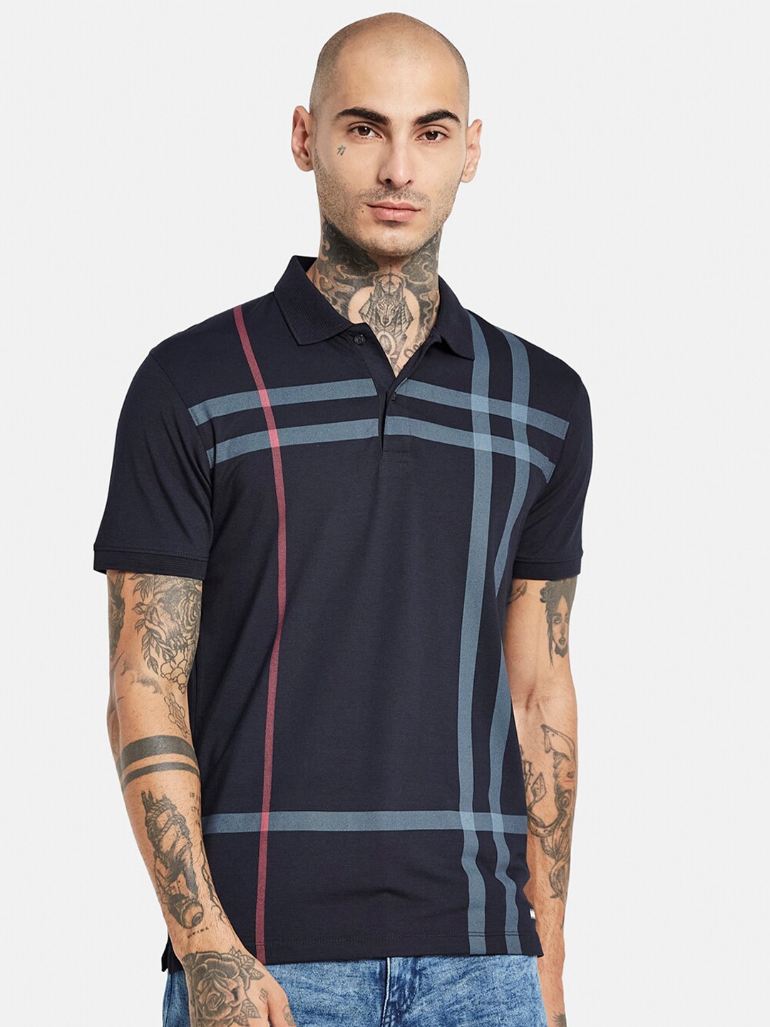 

Octave Striped Polo Collar Cotton T-Shirt, Navy blue