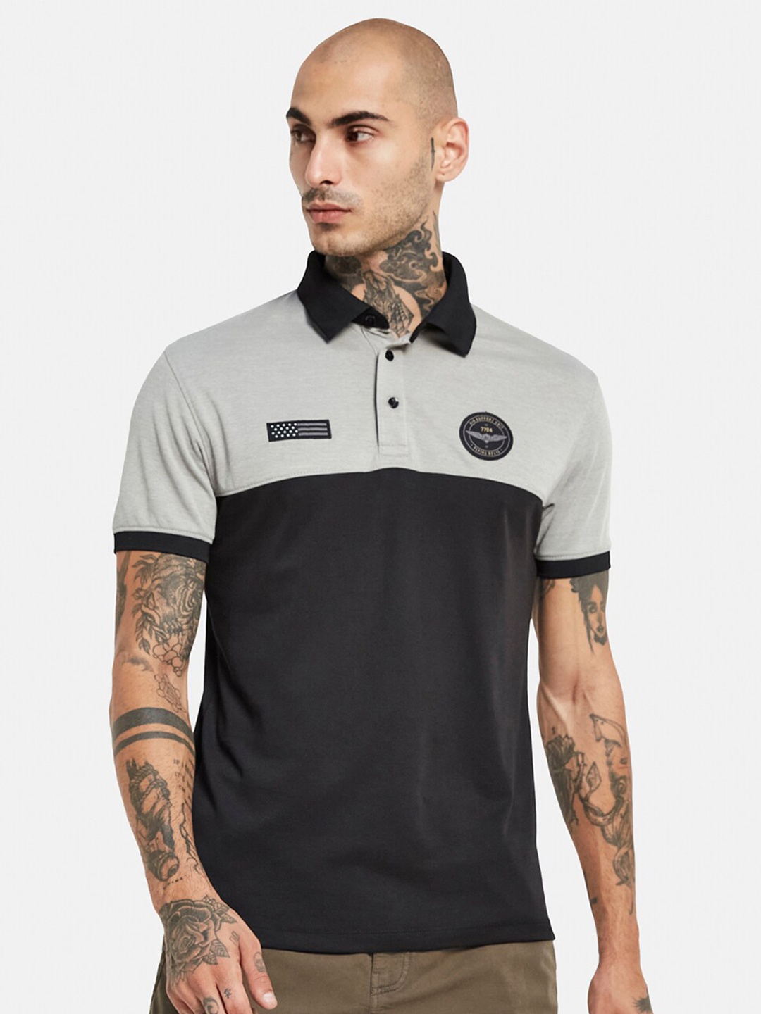 

Octave Colourblocked Polo Collar Cotton T-shirt, Grey