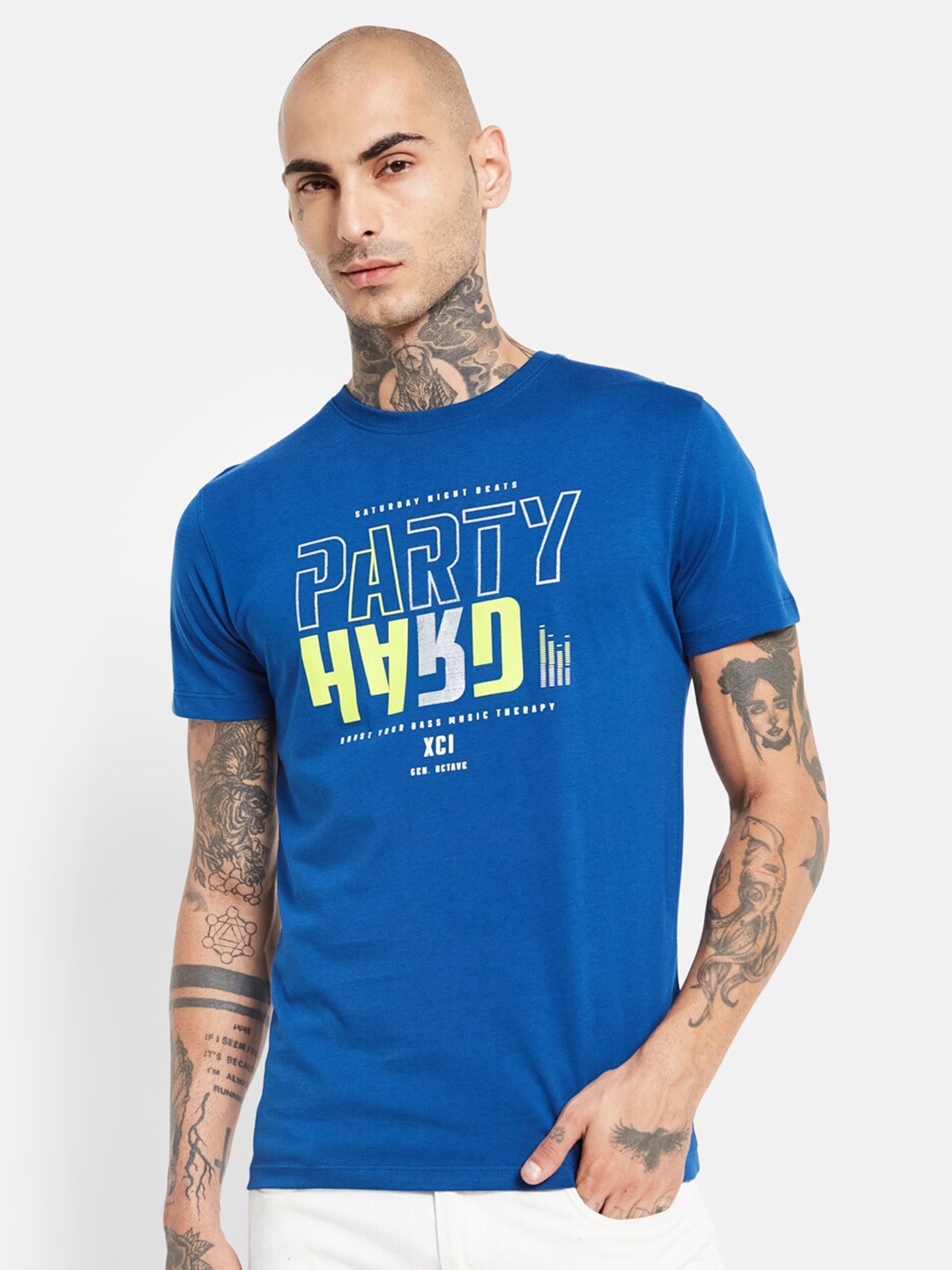 

Octave Typography Printed Cotton T-shirt, Blue