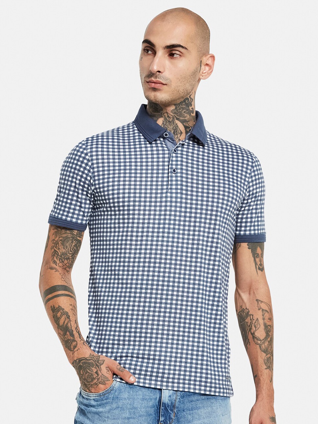 

Octave Checked Polo Collar Cotton T-shirt, Navy blue