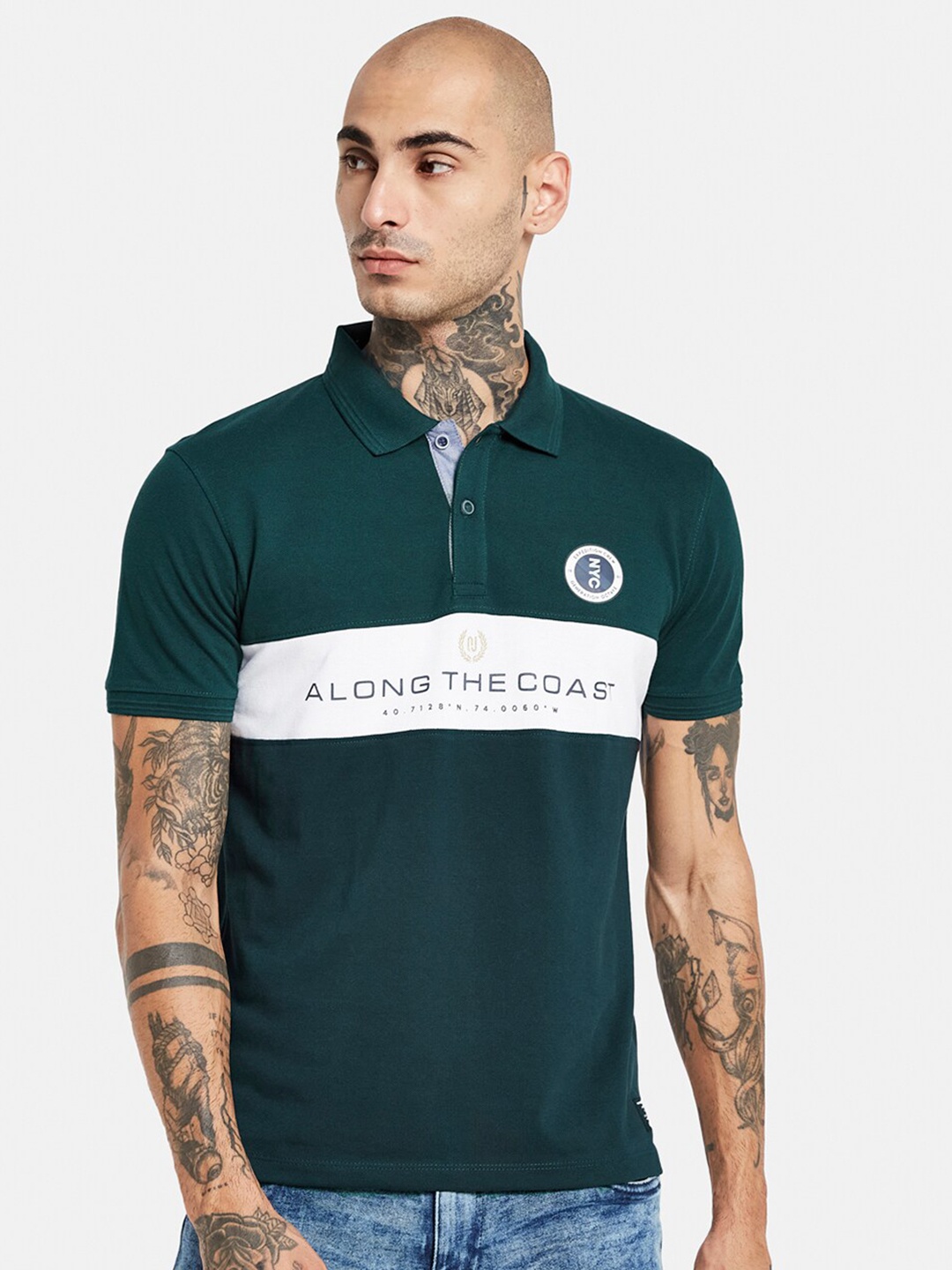 

Octave Typography Printed Polo Collar Cotton T-Shirt, Green