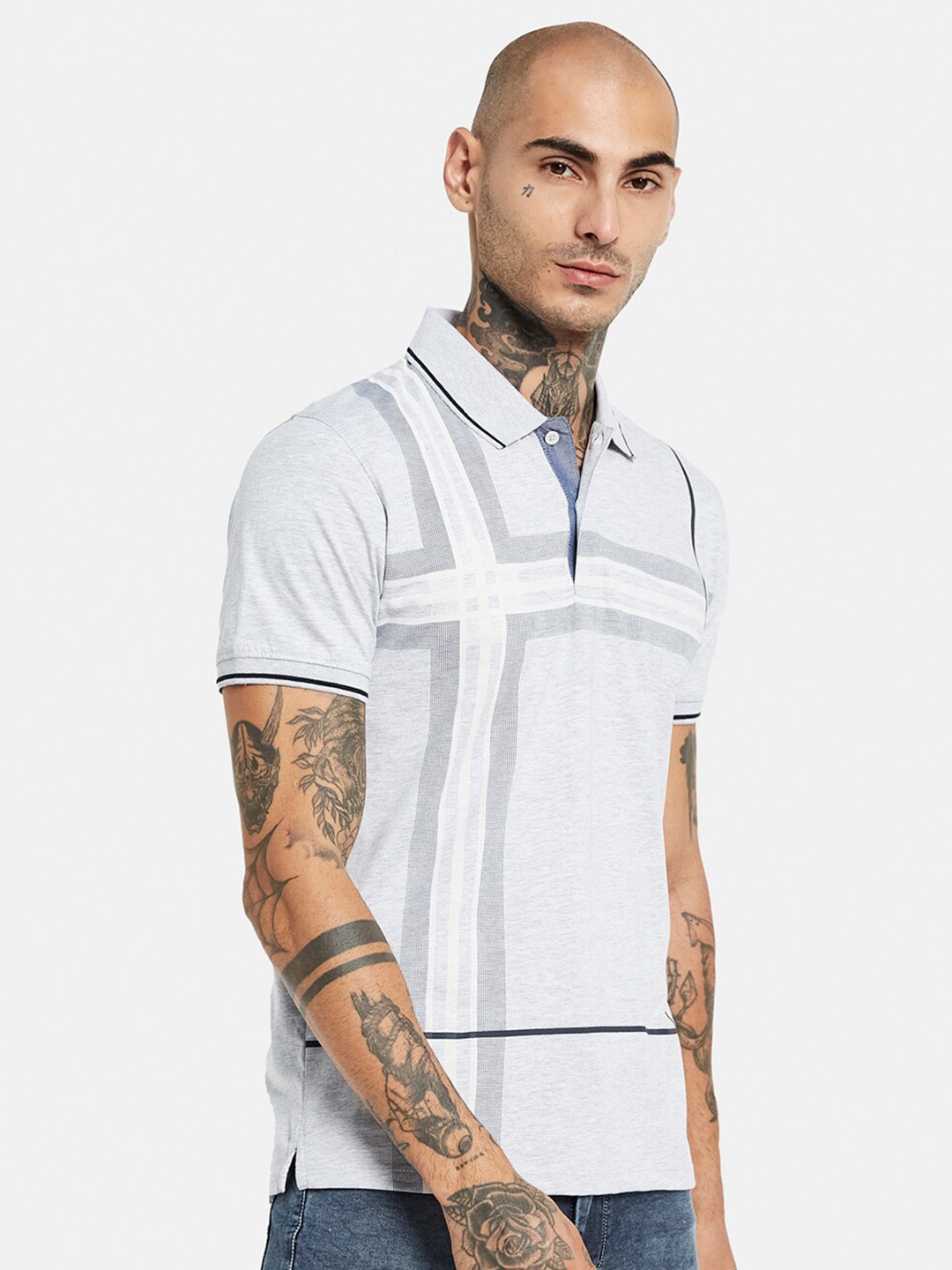 

Octave Striped Polo Collar Cotton T-shirt, White