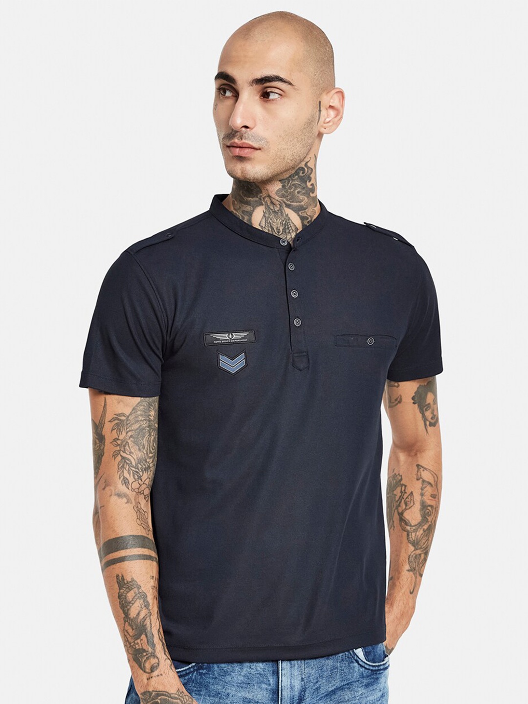 

Octave Band Collar Cotton Regular Fit Pockets Casual T-shirt, Navy blue