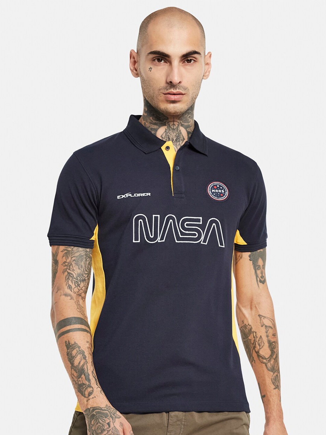

Octave Nasa Printed Polo Collar Cotton T-shirt, Navy blue