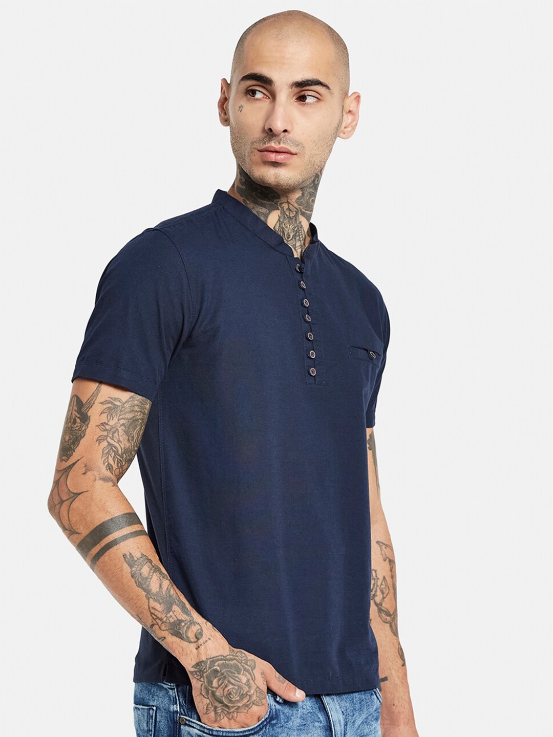 

Octave Band Collar Cotton Regular Fit Casual T-shirt, Navy blue