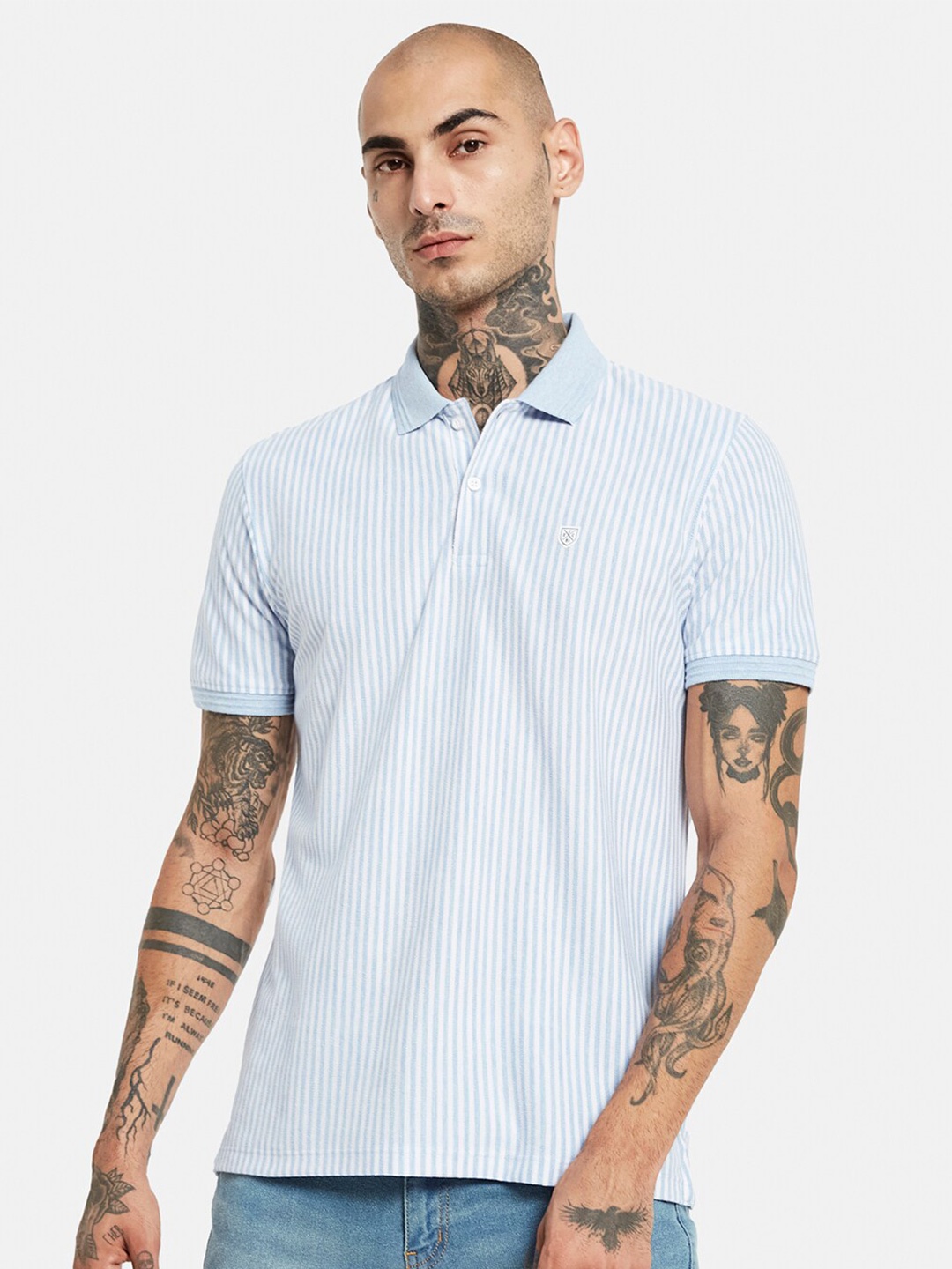 

Octave Striped Polo Collar Cotton T-shirt, Blue
