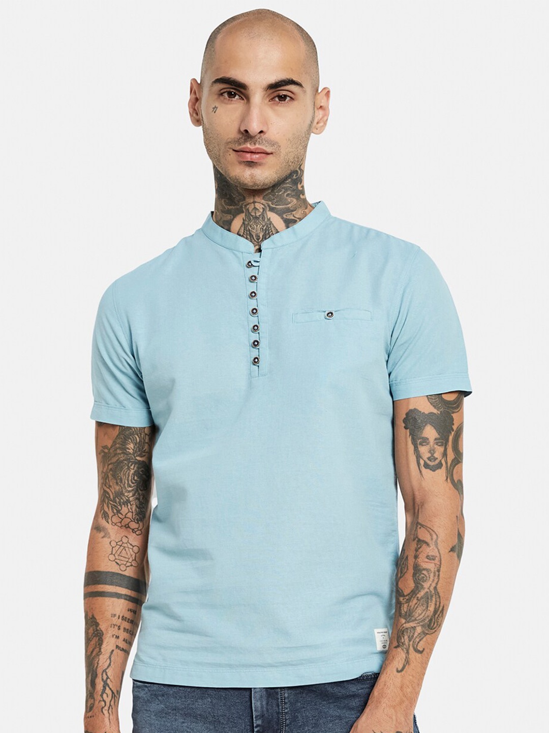 

Octave Mandarin Collar Cotton T-shirt, Blue