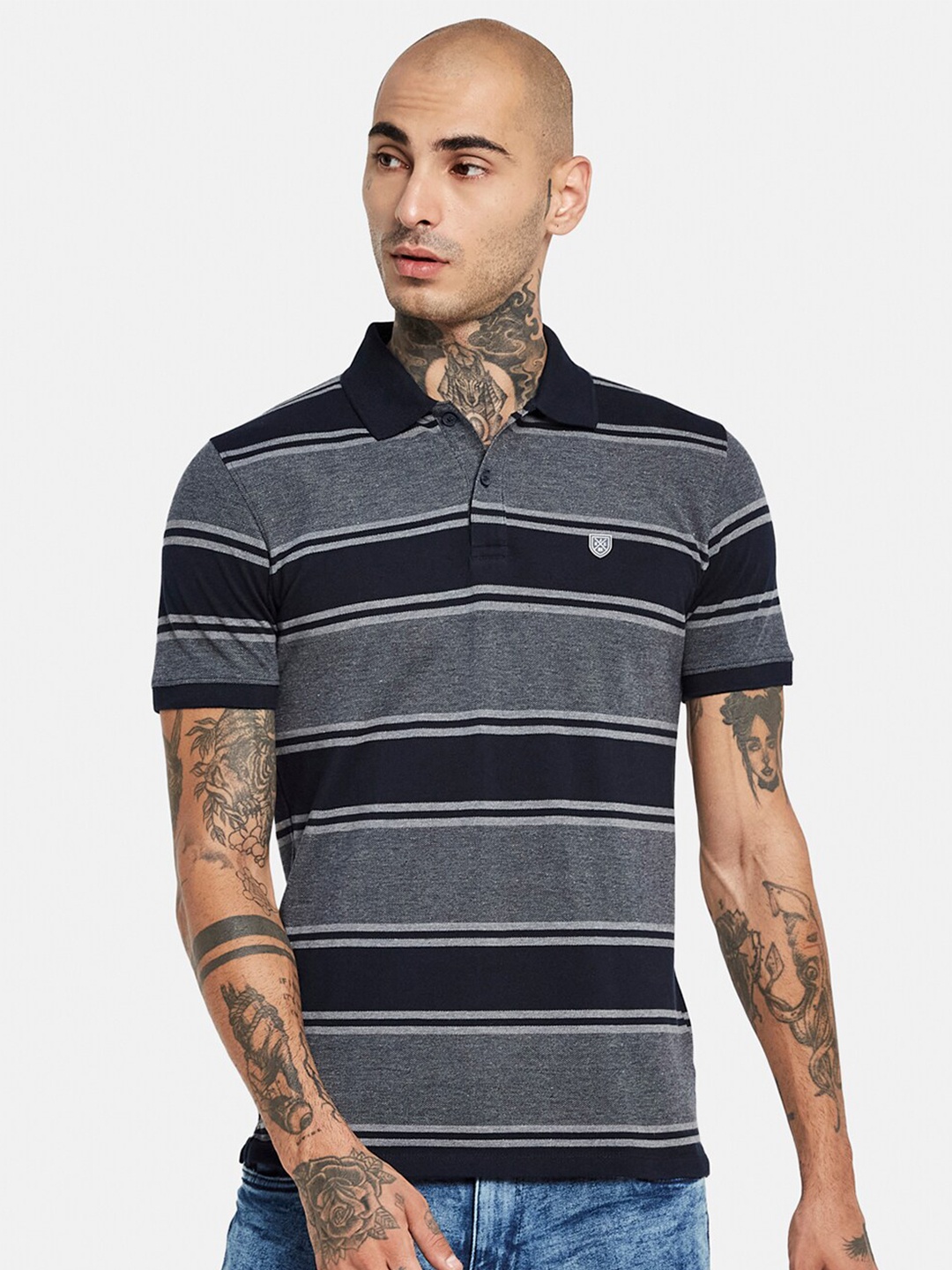 

Octave Striped Polo Collar Cotton T-shirt, Navy blue