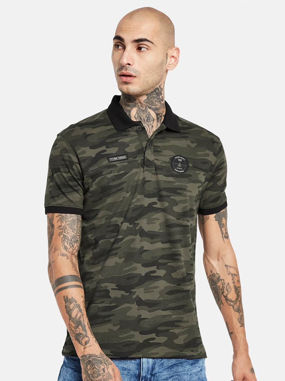 

Octave Camouflage Printed Polo Collar Cotton T-Shirt, Olive