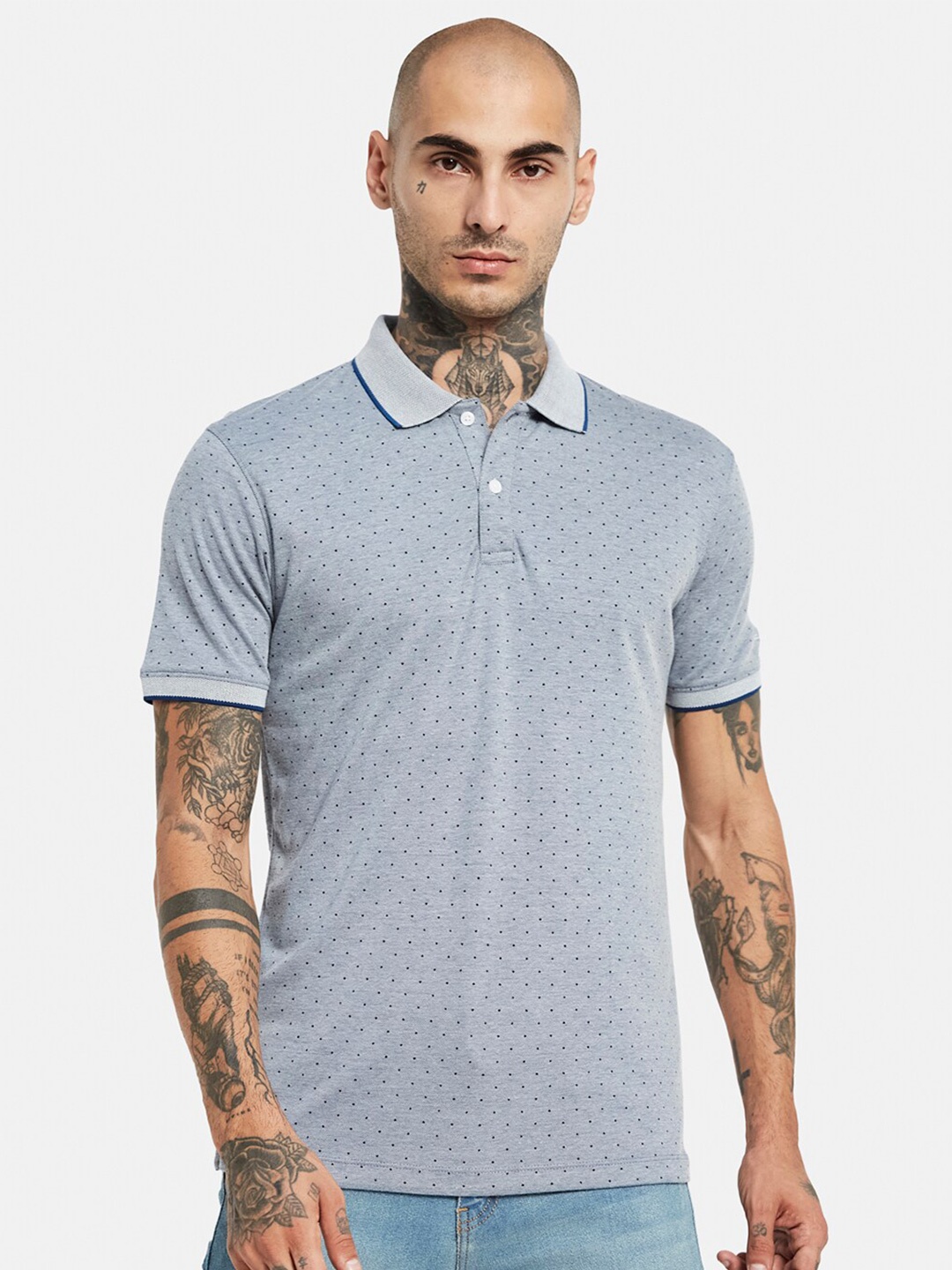 

Octave Micro Ditsy Printed Polo Collar Cotton T-Shirt, Grey