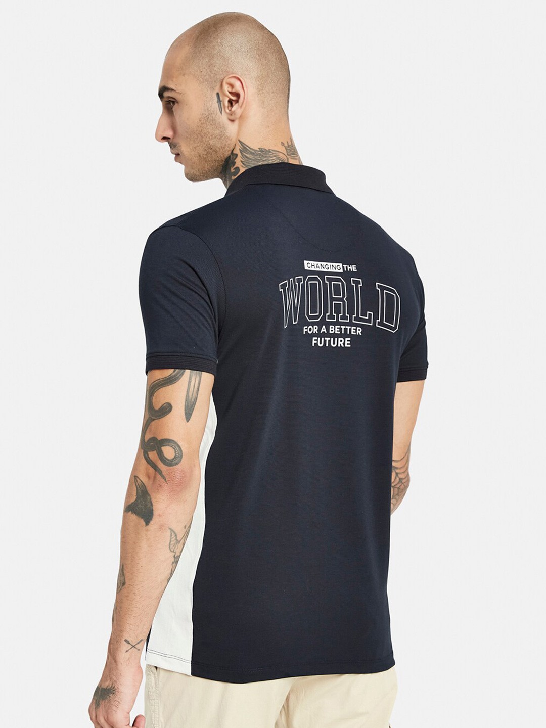 

Octave Typography Printed Polo Collar Cotton T-shirt, Navy blue