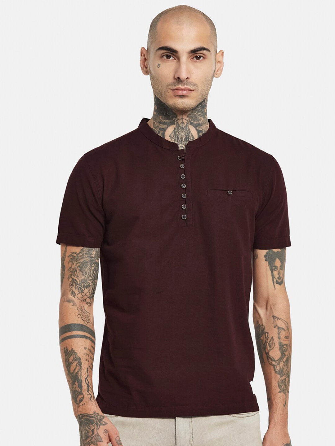 

Octave Mandarin Collar Cotton T-shirt, Maroon