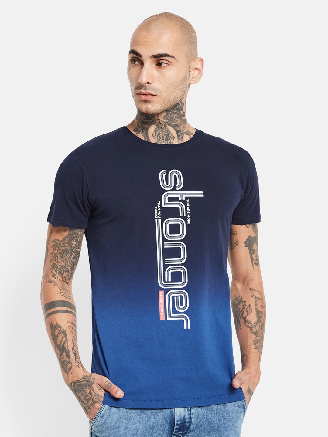 

Octave Typography Printed Round Neck Cotton T-shirt, Navy blue