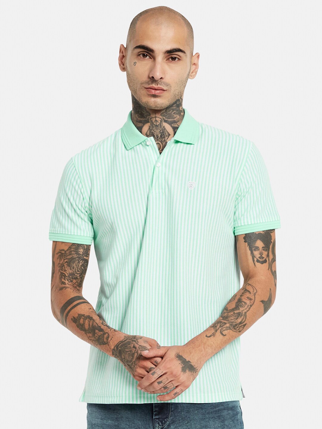 

Octave Striped Polo Collar Cotton T-shirt, Sea green