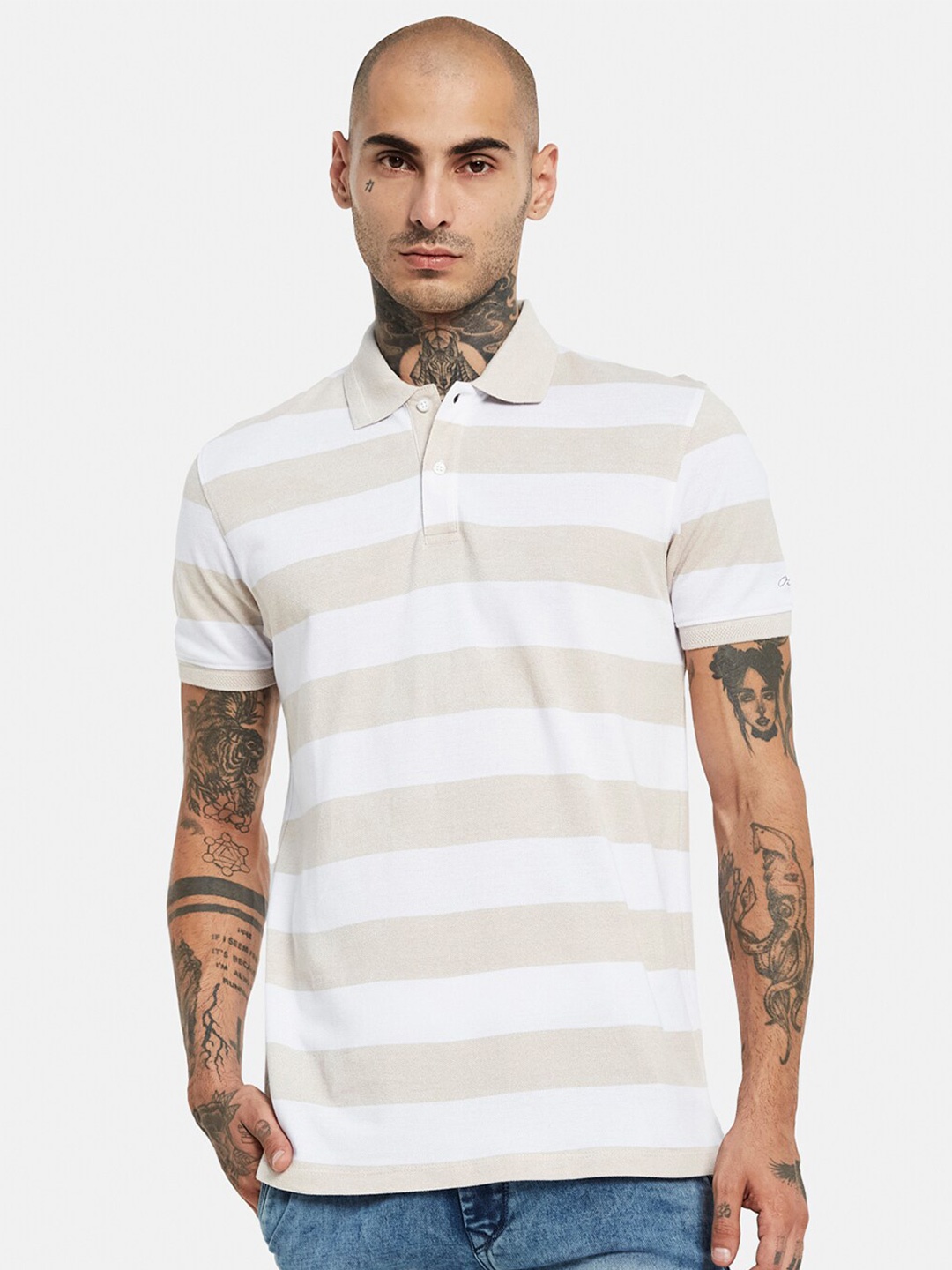 

Octave Striped Polo Collar Cotton T-shirt, White