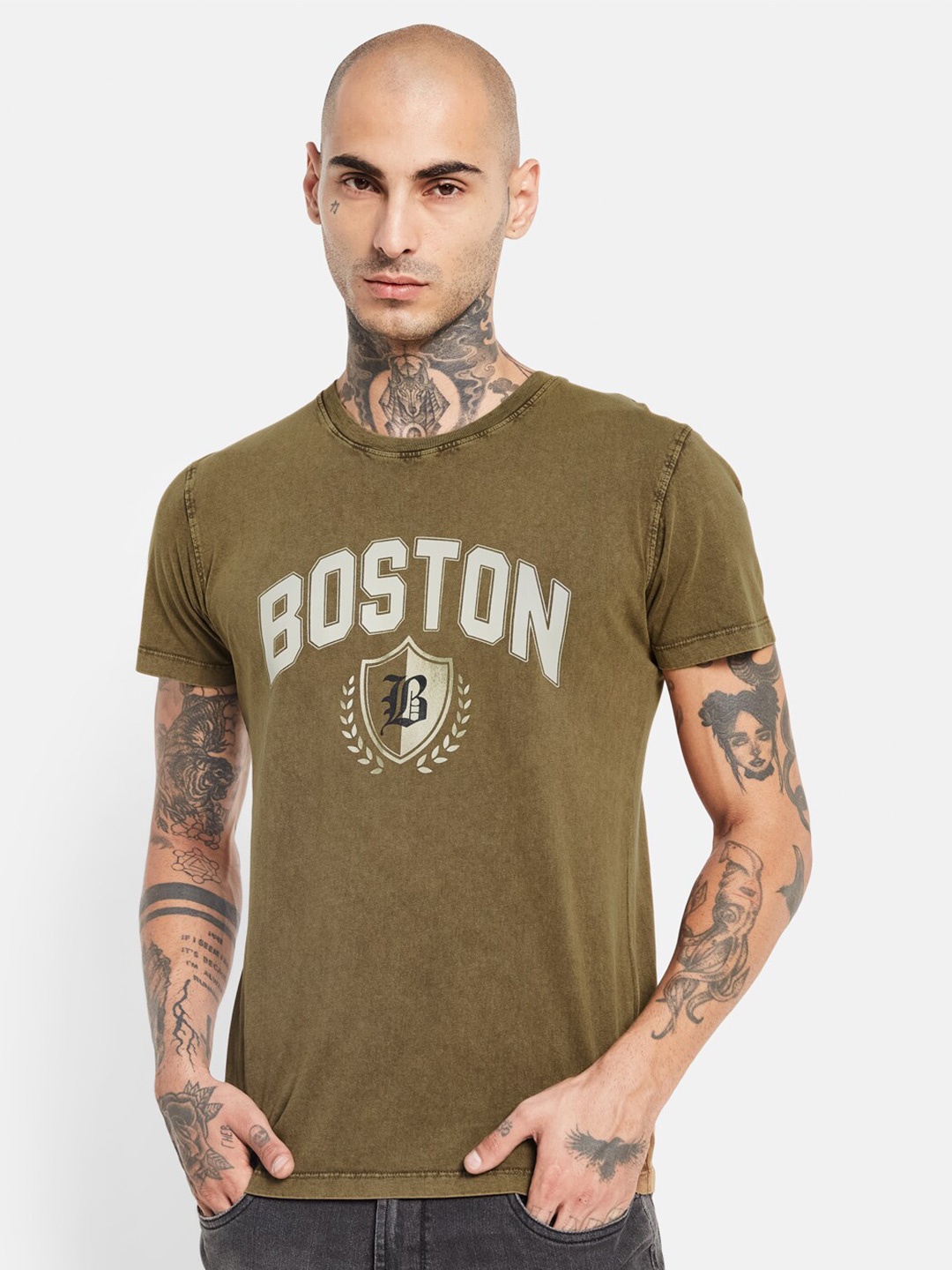

Octave Typography Printed Round Neck Cotton T-shirt, Green
