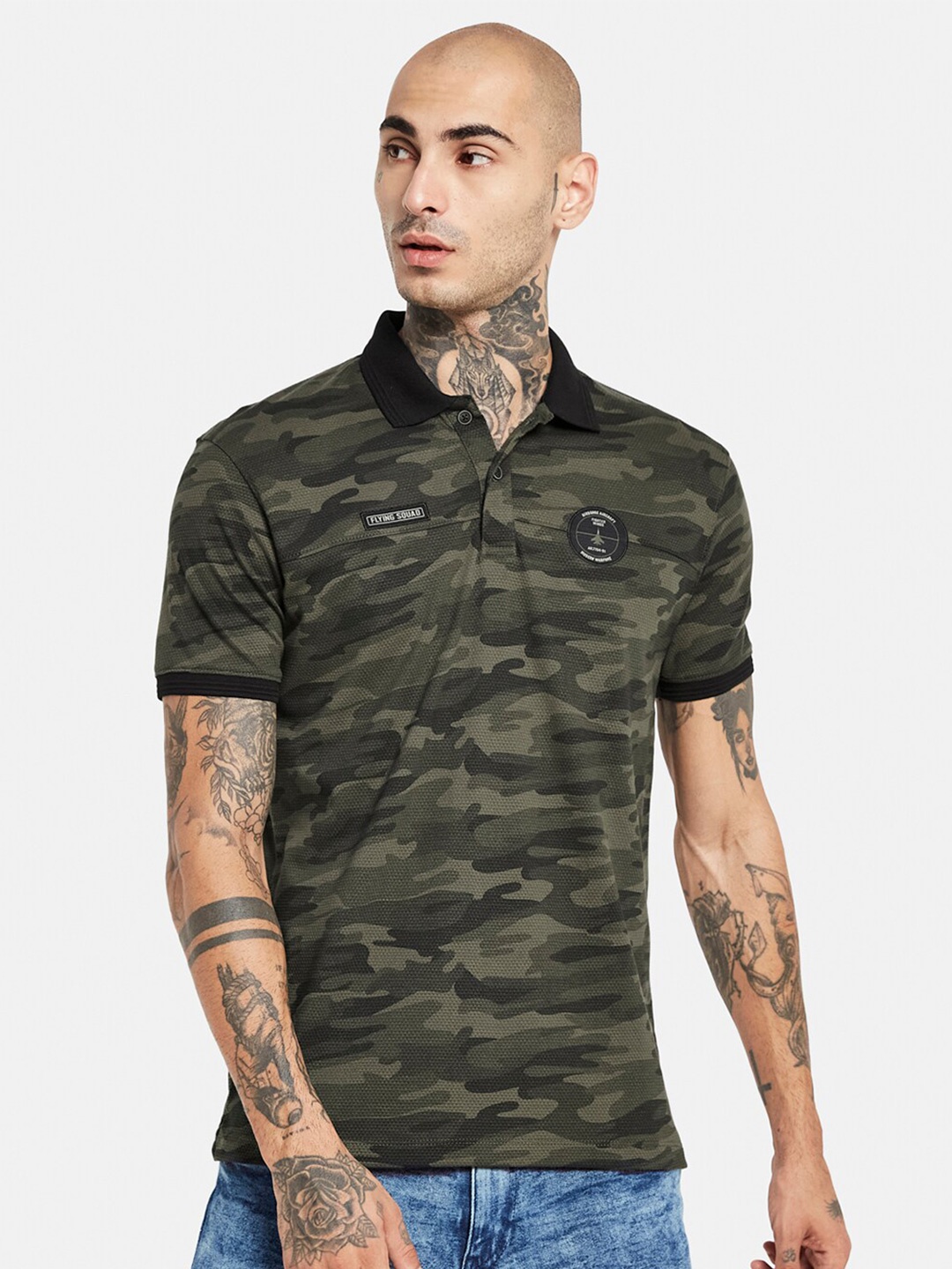 

Octave Camouflage Printed Polo Collar Cotton T-shirt, Olive