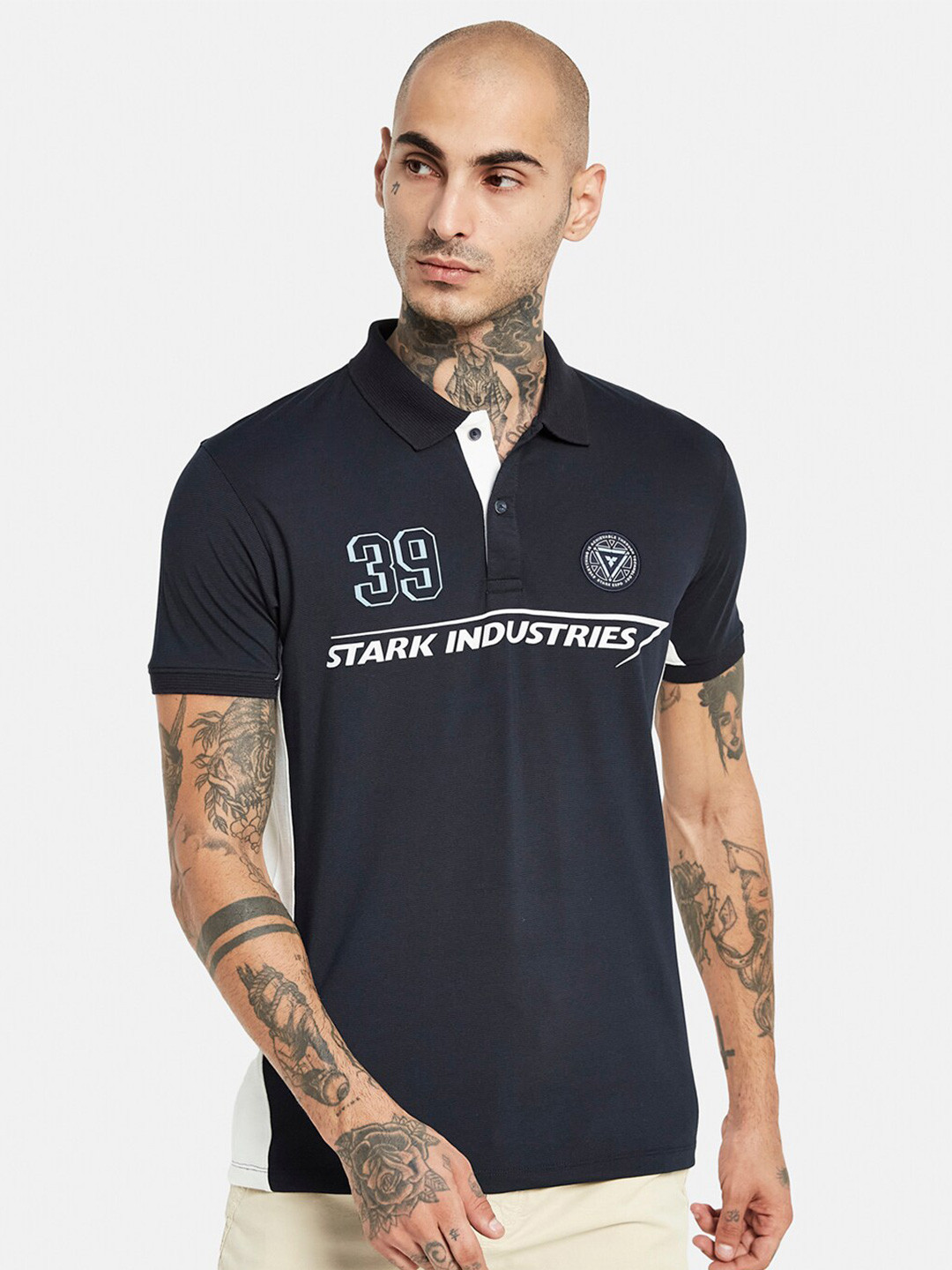 

Octave Iron Man Typography Polo Collar Cotton T-shirt, Navy blue