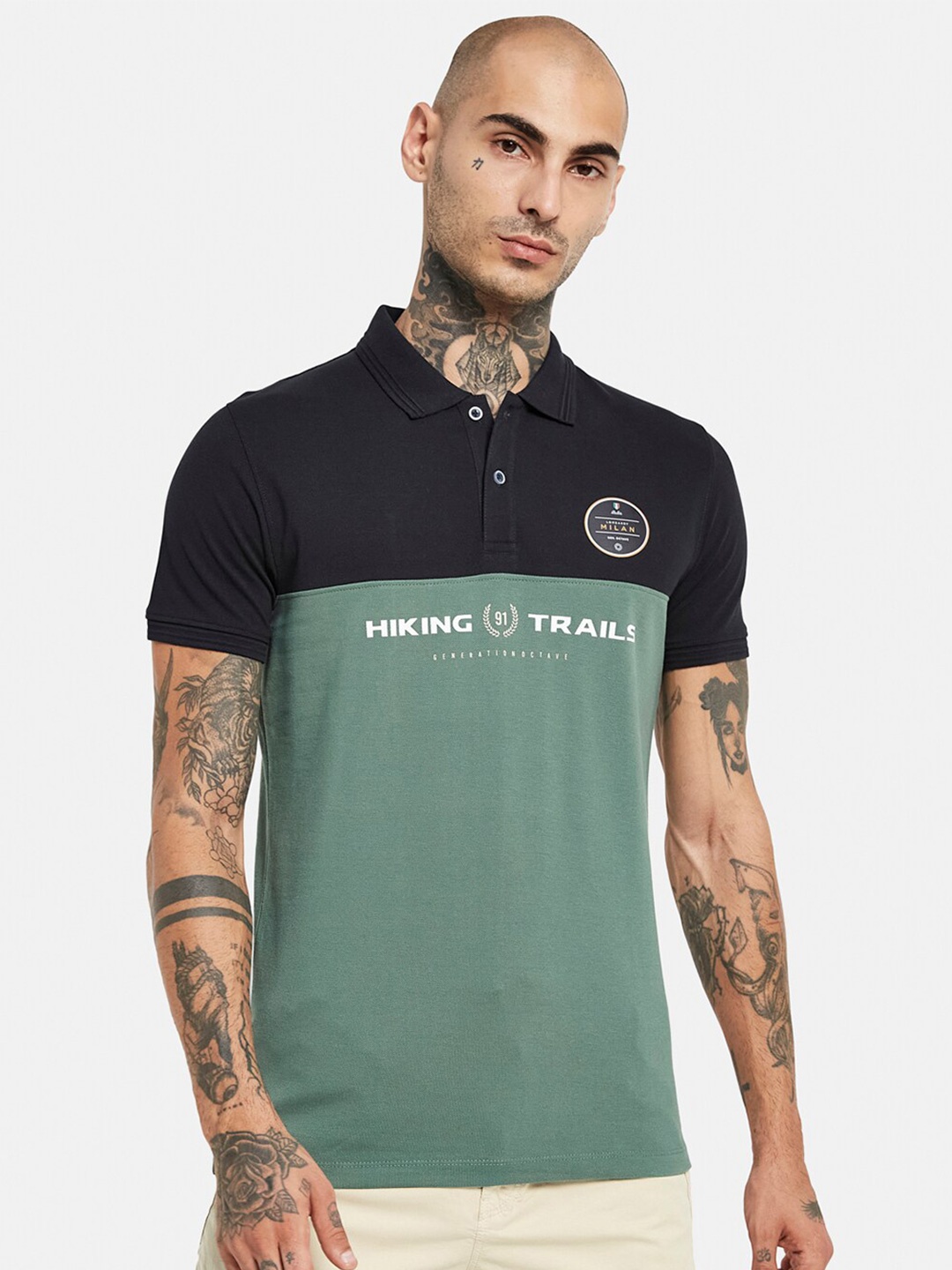 

Octave Colourblocked Polo Collar Cotton T-shirt, Olive